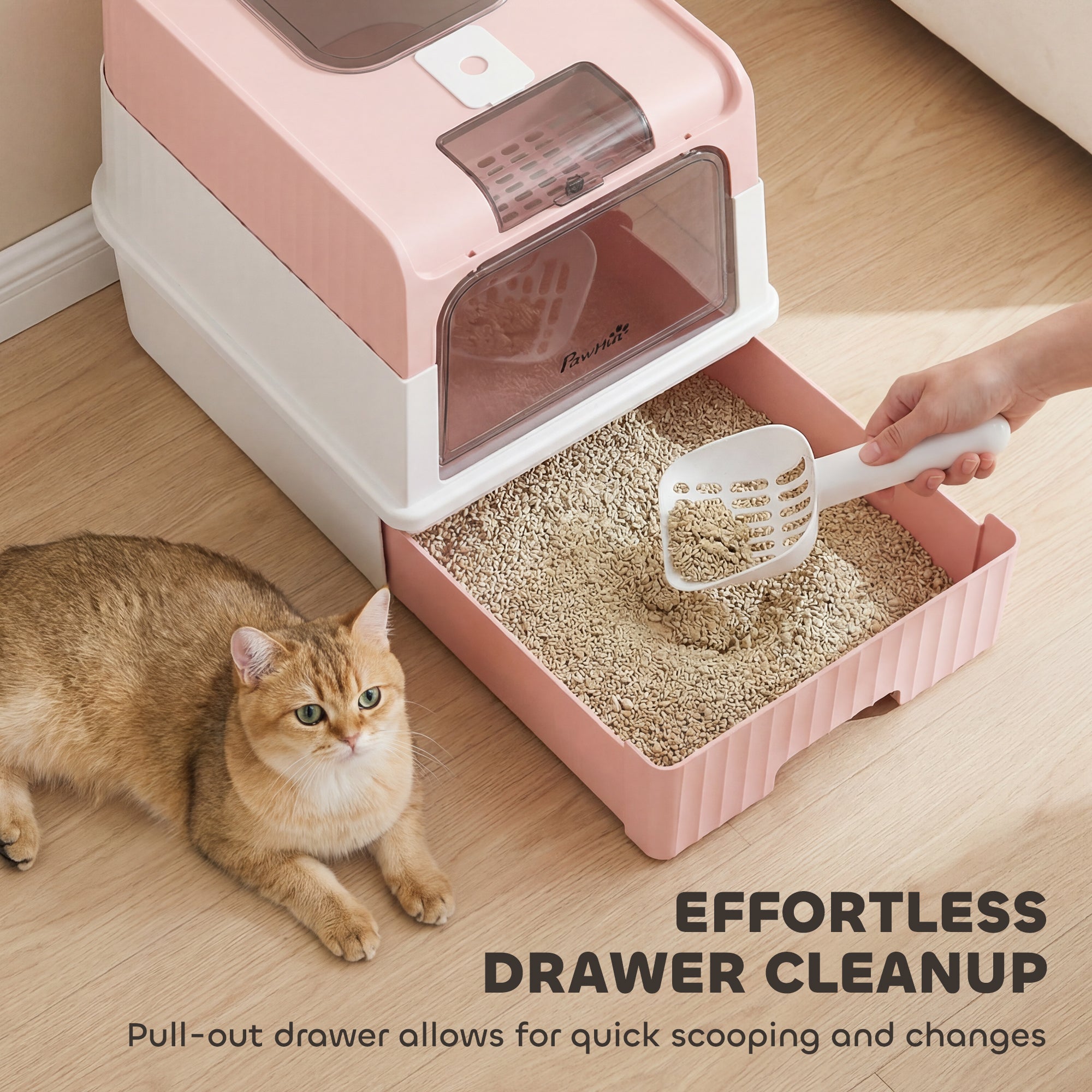 Cat Litter Box Hooded Cat Litter Tray with Drawer Pan Front Entry & Top Exit Easy Cleaning Pink