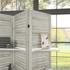 5 Panel 67" Tall Wood Privacy Screen Room Divider with 3 Shelves and Folding Storage for Bedroom, Distressed White