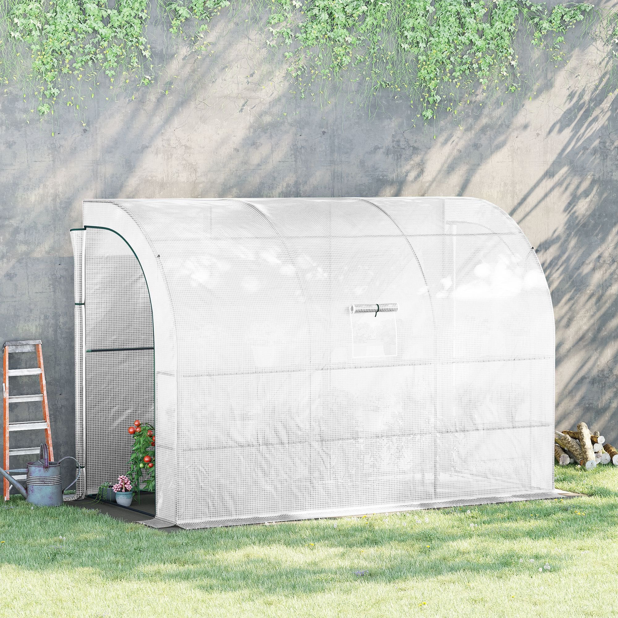10' x 5' x 7' Outdoor Walk-In Greenhouse, Plant Nursery with Zippered Doors, PE Cover and 3 Wire Shelves, White
