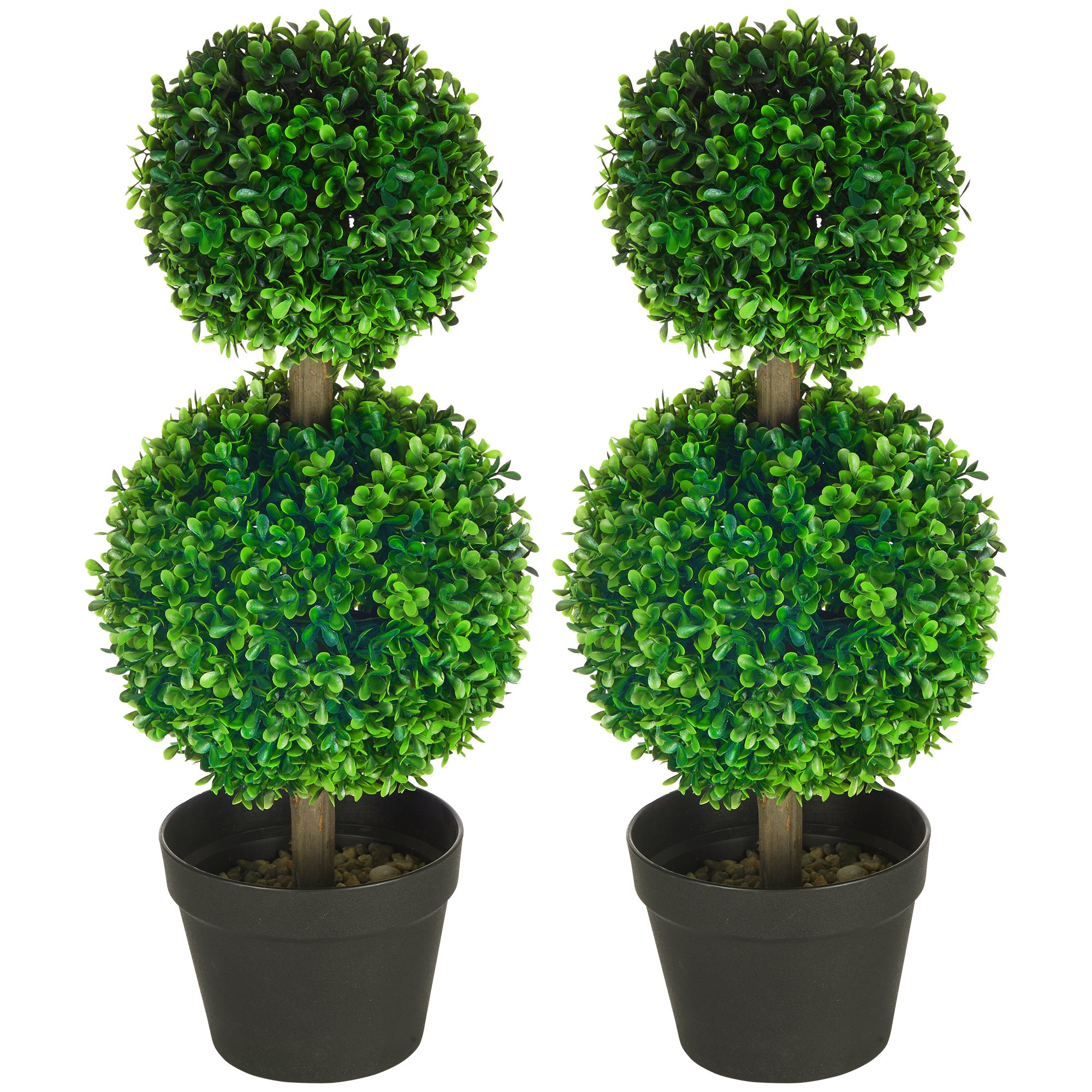 2 Pcs 23.6" Artificial Boxwood Ball Topiary Tree Set of 2 Fake Plants in Pot with Double Ball-Shaped Leaves Green