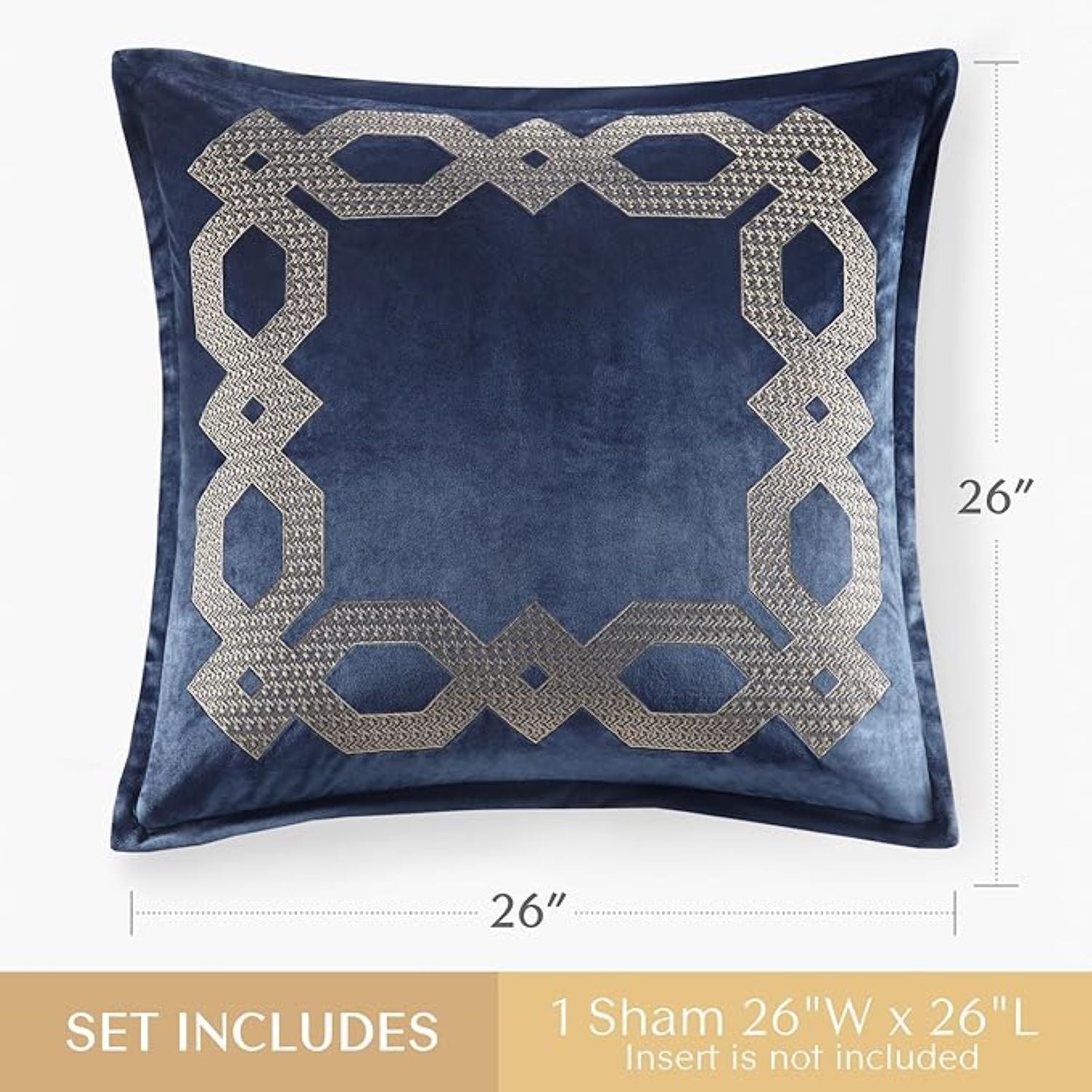 Machine Washable Velvet European Pillow Sham with Hidden Zipper, OEKO-TEX Certified, Ideal for Bedroom Decor, 26" L x 26" W x 0.13" H, Navy