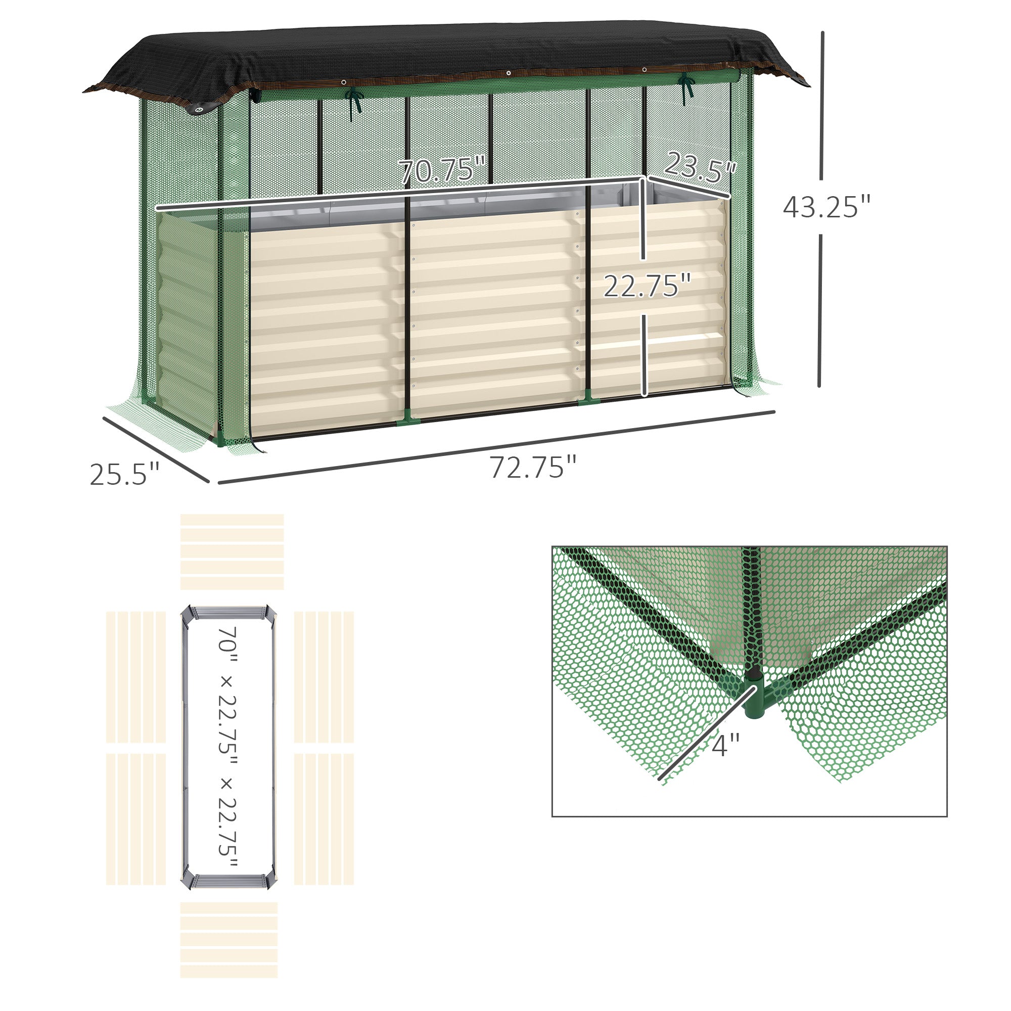 Galvanized Steel Planter Box with Crop Cage and Shade Cloth, Raised Garden Bed for Flowers, Veggies and Herbs, Beige