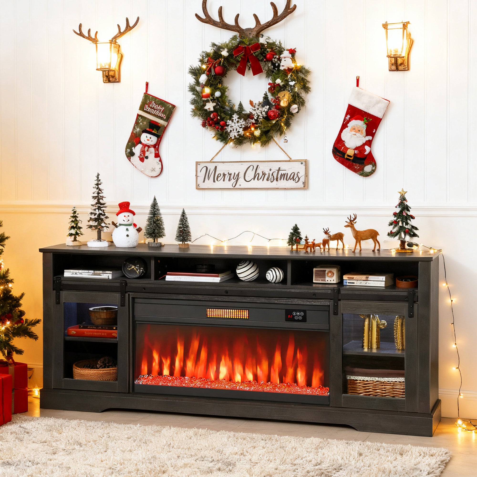Fireplace TV Stand for TVs Up to 80 Inch, TV Console with Electric Fireplace, Open Storage and Side Cabinets, Gray