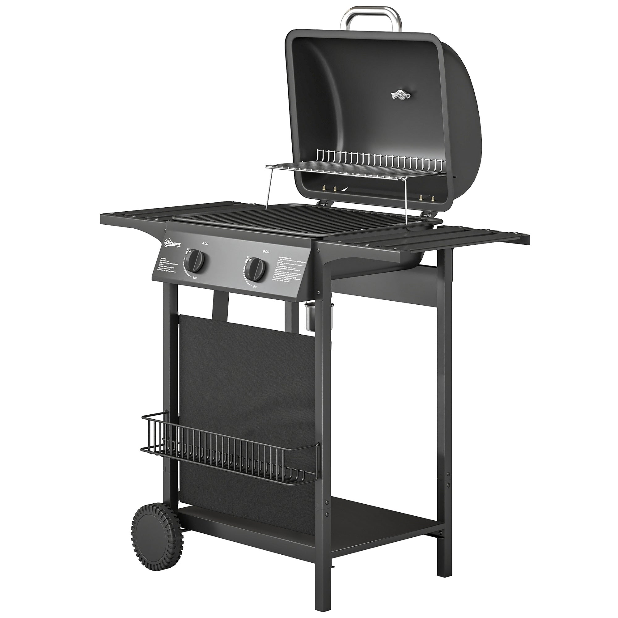 2 Burner Propane Gas Grill, 18000 BTU BBQ Grill with Wheels, Warming Rack, Shelf, Thermometer, Grease Cup, Black