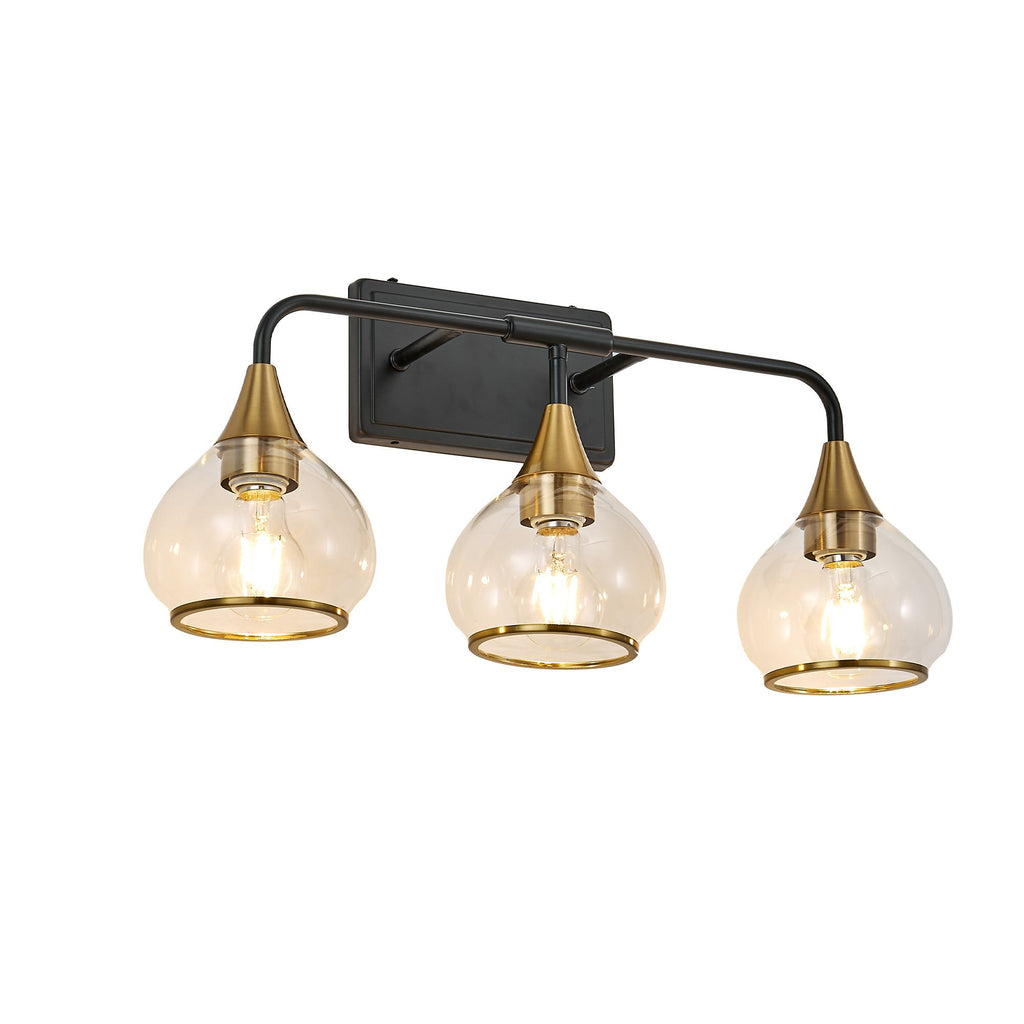 23" Industrial 3-Light Vanity Wall Sconce with Clear Glass Shades, Wall Mounted Lamp for Bathroom, Bedroom, 23" L x 8" W x 11" H, Black+Gold