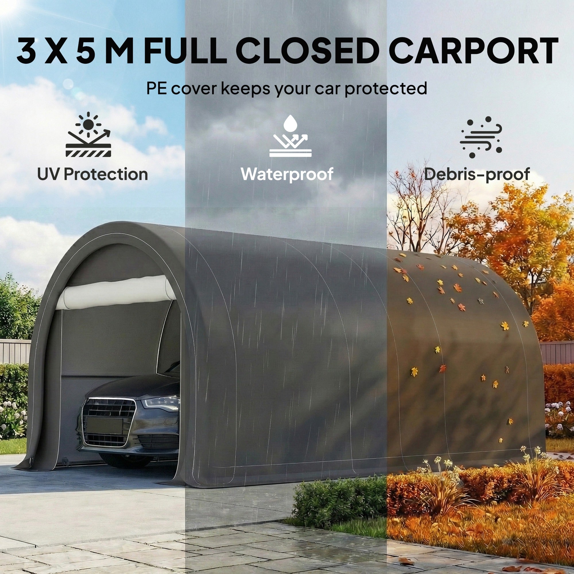 10' x 16' Carport, Heavy Duty Portable Garage Storage Tent with Large Zippered Door, Anti-UV PE Canopy Cover for Car, Truck, Boat, Motorcycle, Bike, Garden Tools, Outdoor Work, Gray