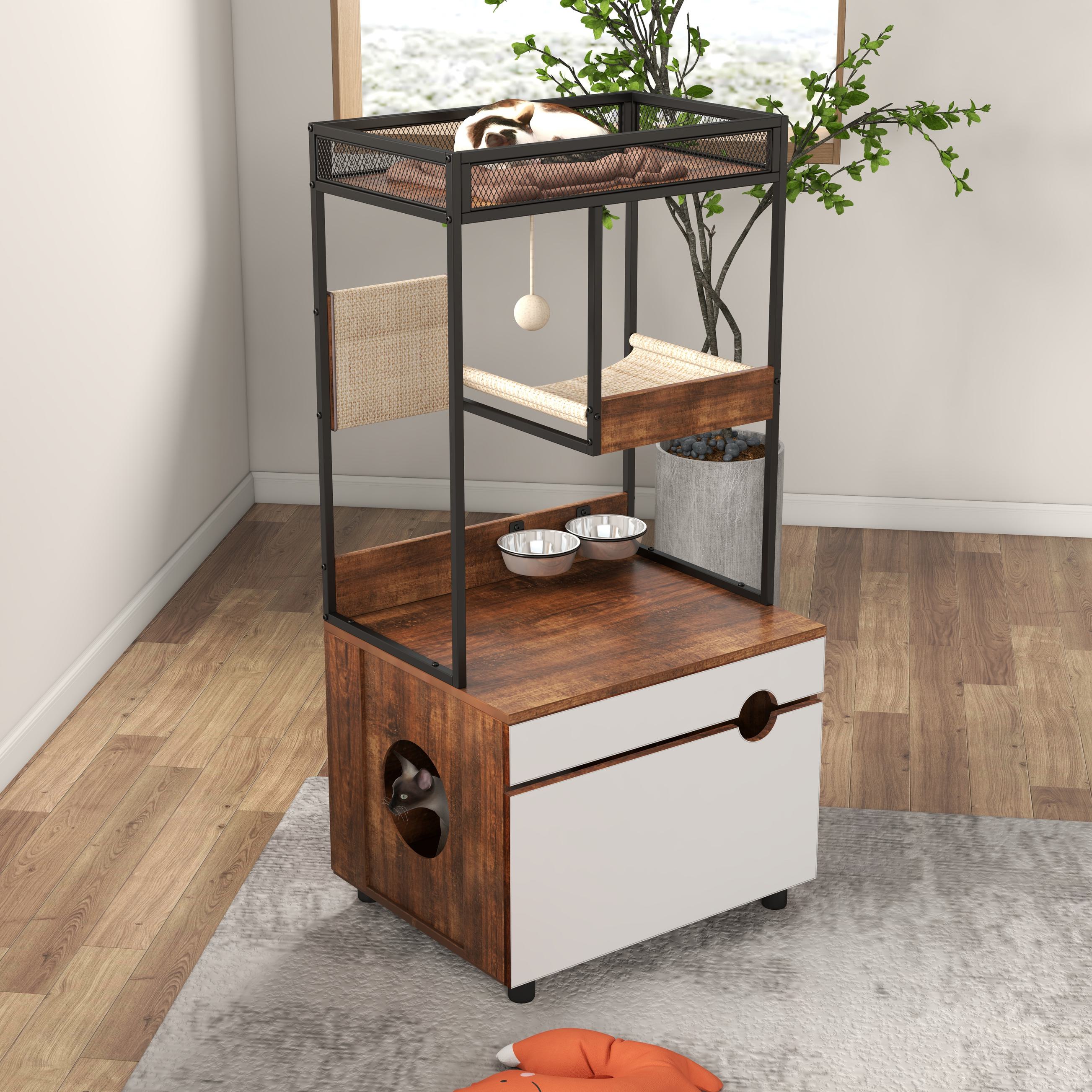 Cat Litter Box Enclosure with Cat Tree Tower, Multi-Functional Cat Furniture Cabinet, 23.5" L x 19" W x 48.5" H, White+Vintage