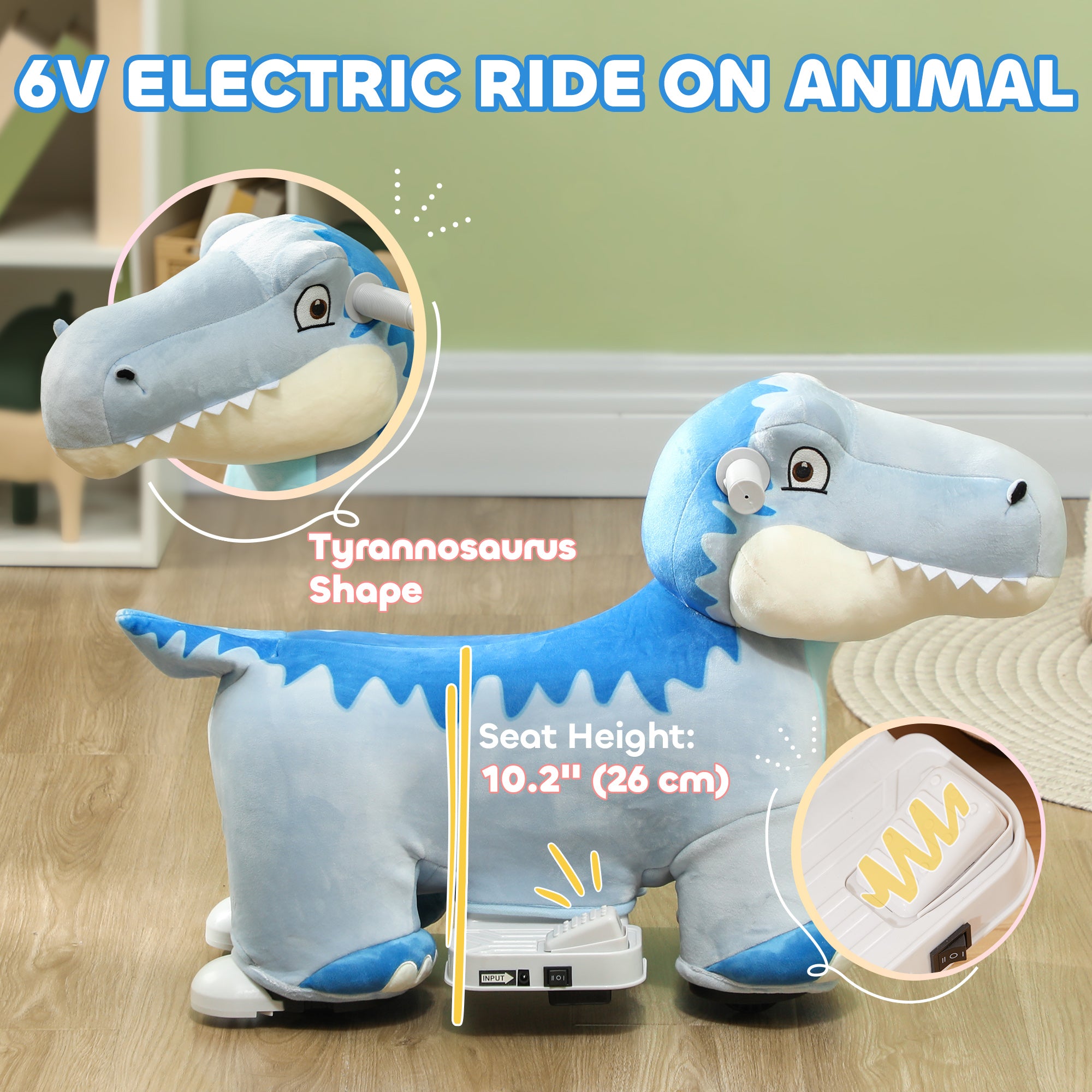 6V Kids Electric Ride on Animal Tyrannosaurus with Music Forward for Aged 18-36 Months, Blue