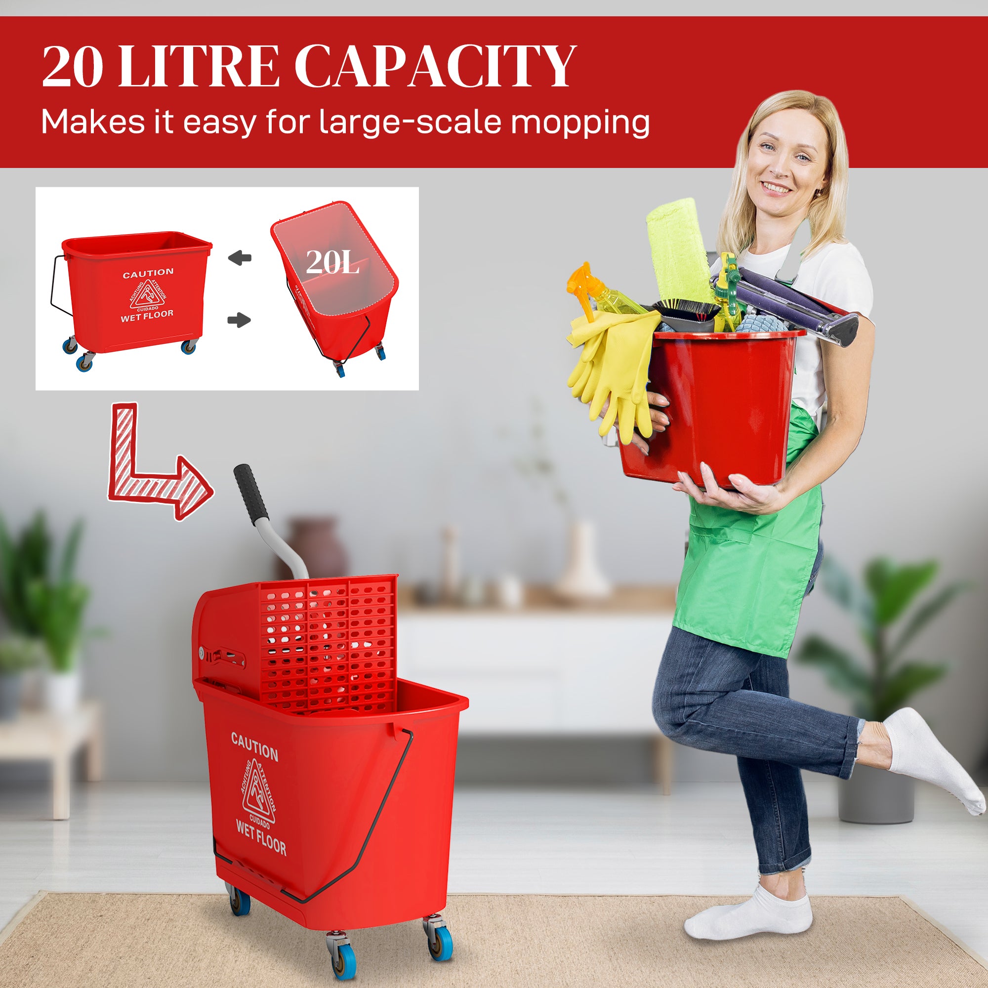 Compact Mop Bucket with Wringer, Mop Bucket on Wheels for Floor Cleaning, 21 Quart, Separate Dirty and Clean Water, Red