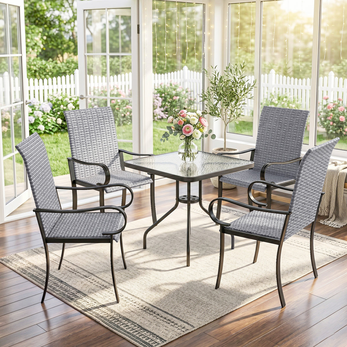 Set of 4 Outdoor Wicker Dining Chairs with Armrest, Steel Frame, High Back and Deep Seating, Gray
