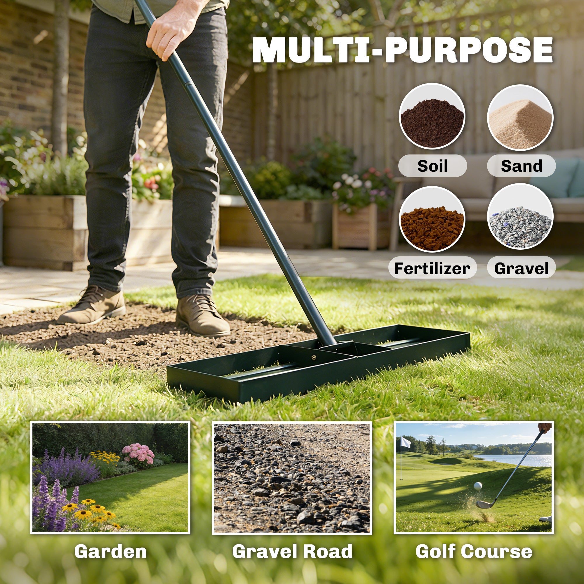 Lawn Leveling Rake, 30" x 10" Heavy Duty Yard Leveling Rake with 66.5" Handle for Backyard, Golf Course