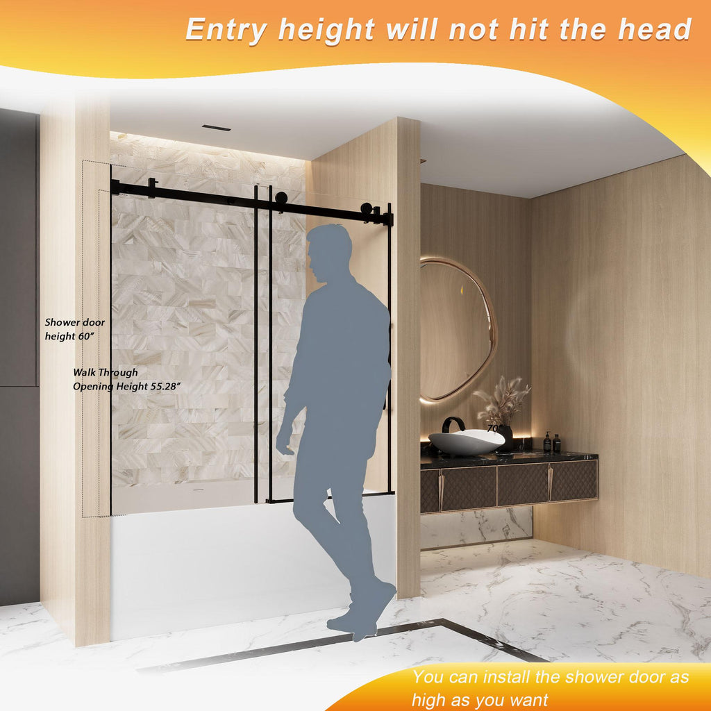 Frameless Sliding Shower Door with Smooth Quiet Stainless Steel Rollers & Round Tracks, Panel for Bathroom, 60" L x 0.5" W x 60" H, Matt Black