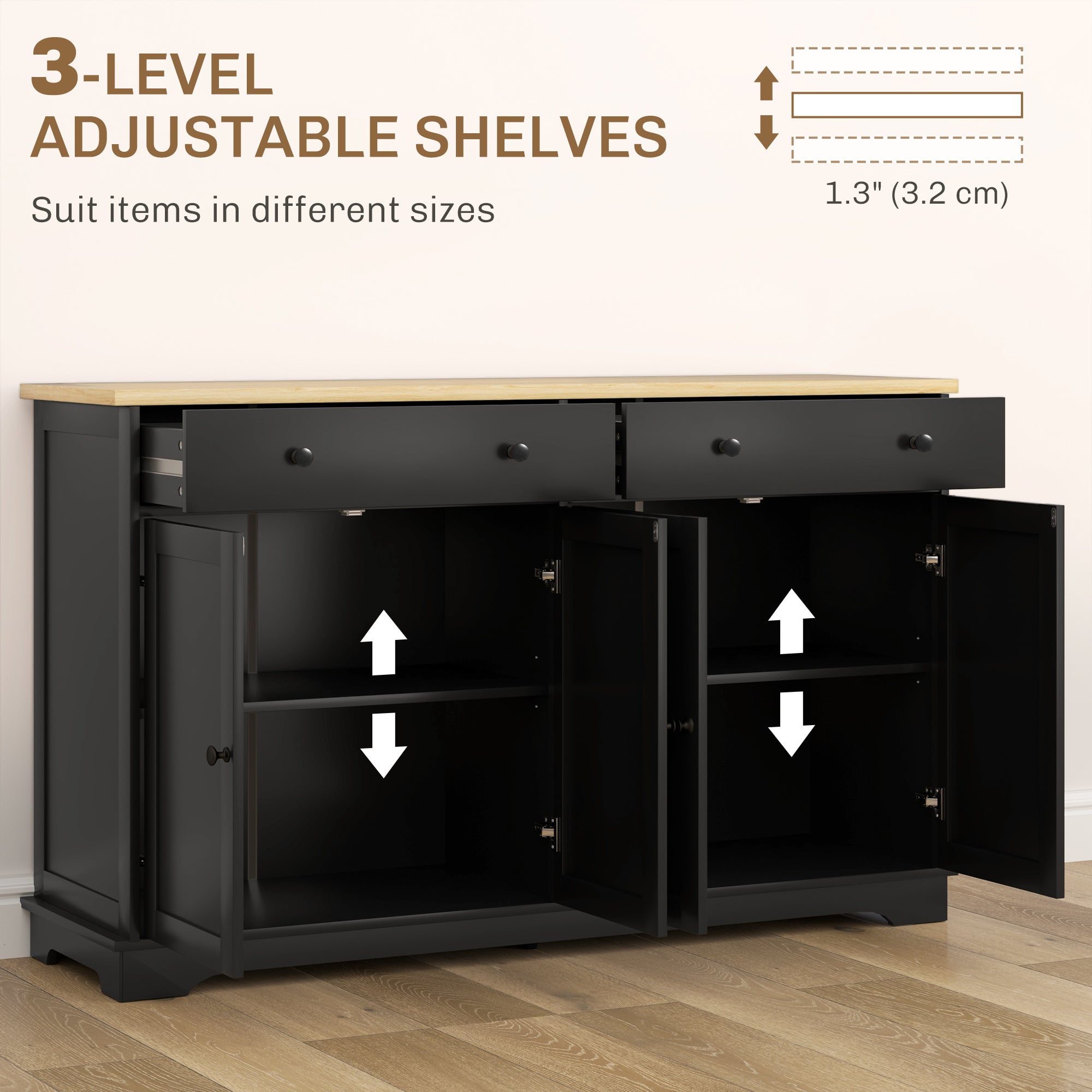 Modern Sideboard, Buffet Cabinet with Storage Drawers, Adjustable Shelves for Living Room, Dining Room, Entryway, Black