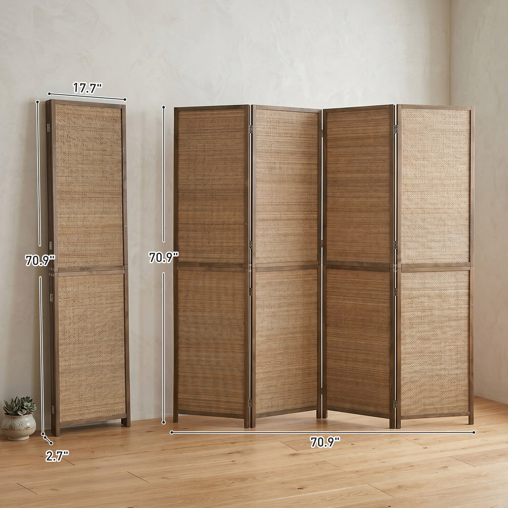 Room Divider, 4 Panel Folding Privacy Screen, 6 FT Tall Hand-Woven Bamboo Wall Partition, Brown