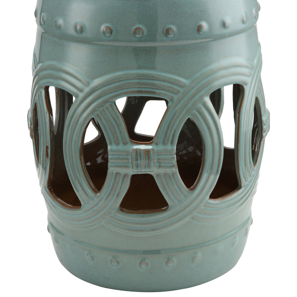 14" x 17" Ceramic Garden Stool with Double-Coin Knotted Ring Design & Strong Glazed Material, Decorative End Table, Home Collection, Antique Blue