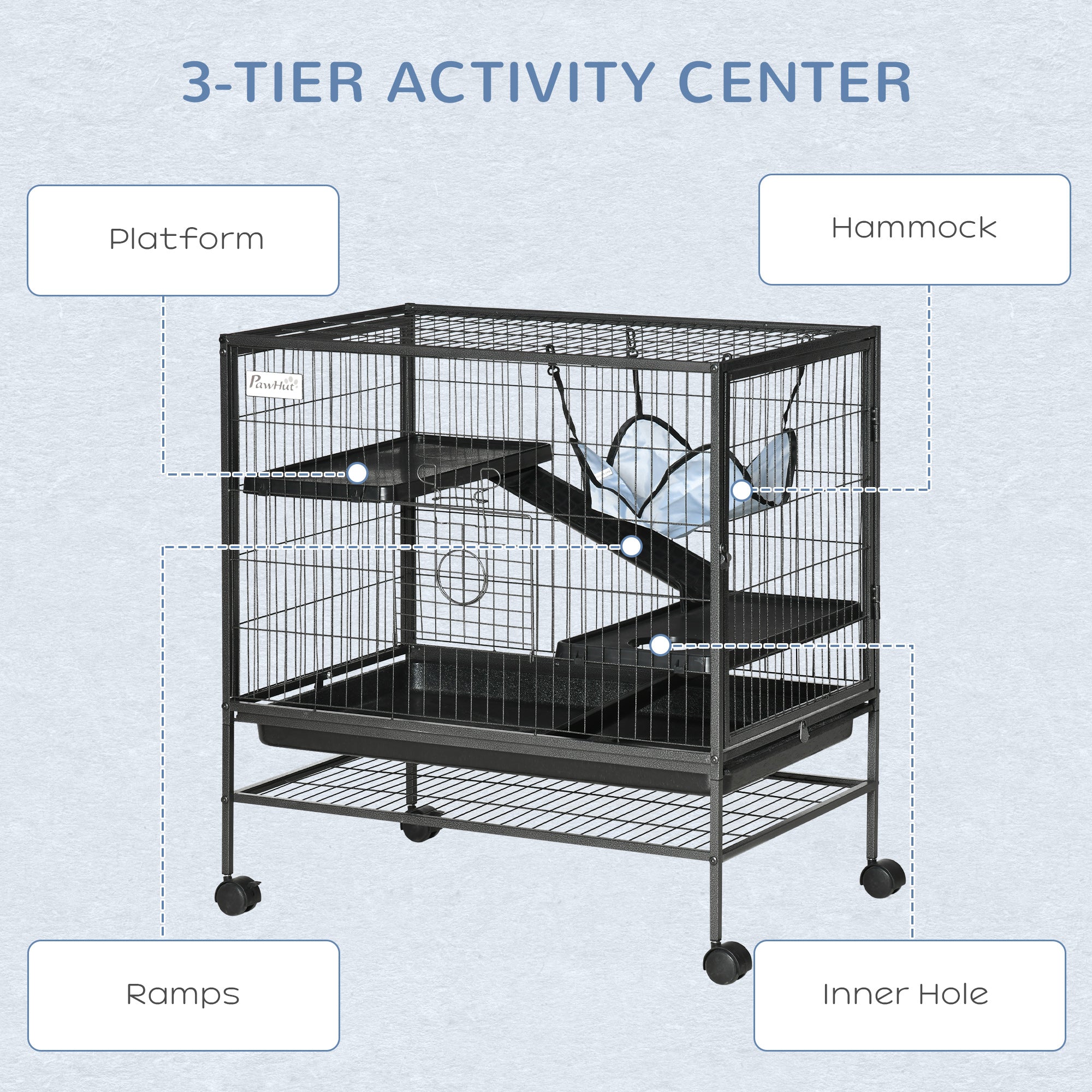 Small Animal Cage with Wheels, Pet Playpen for Rat, Syrian Hamster, Kitten, Ferrets, Chinchillas with Bottom Storage Shelf, Removable Tray, Ramp, 31.5" x 20.5" x 33.1"