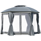 12' x 12' Round Outdoor Gazebo, Patio Dome Gazebo Canopy Shelter with Double Roof, Netting Sidewalls and Curtains, Zippered Doors, Strong Steel Frame, Grey