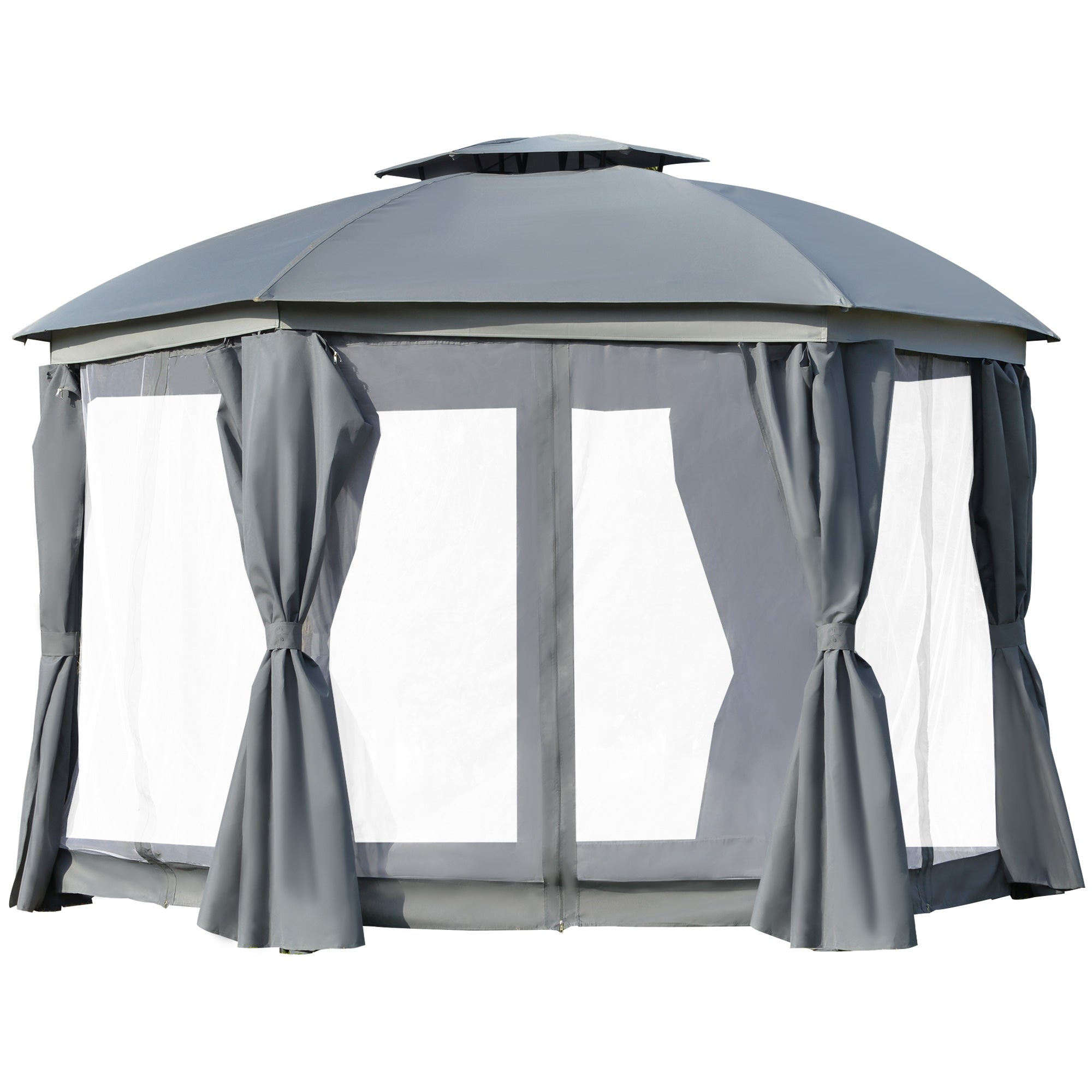 12' x 12' Round Outdoor Gazebo, Patio Dome Gazebo Canopy Shelter with Double Roof, Netting Sidewalls and Curtains, Zippered Doors, Strong Steel Frame, Grey