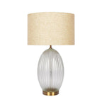 Aurora Ribbed Glass Table Lamp with Large Linen Shade, Elegant Design and Golden Base, 12" L x 12" W x 17" H, Beige+Clear