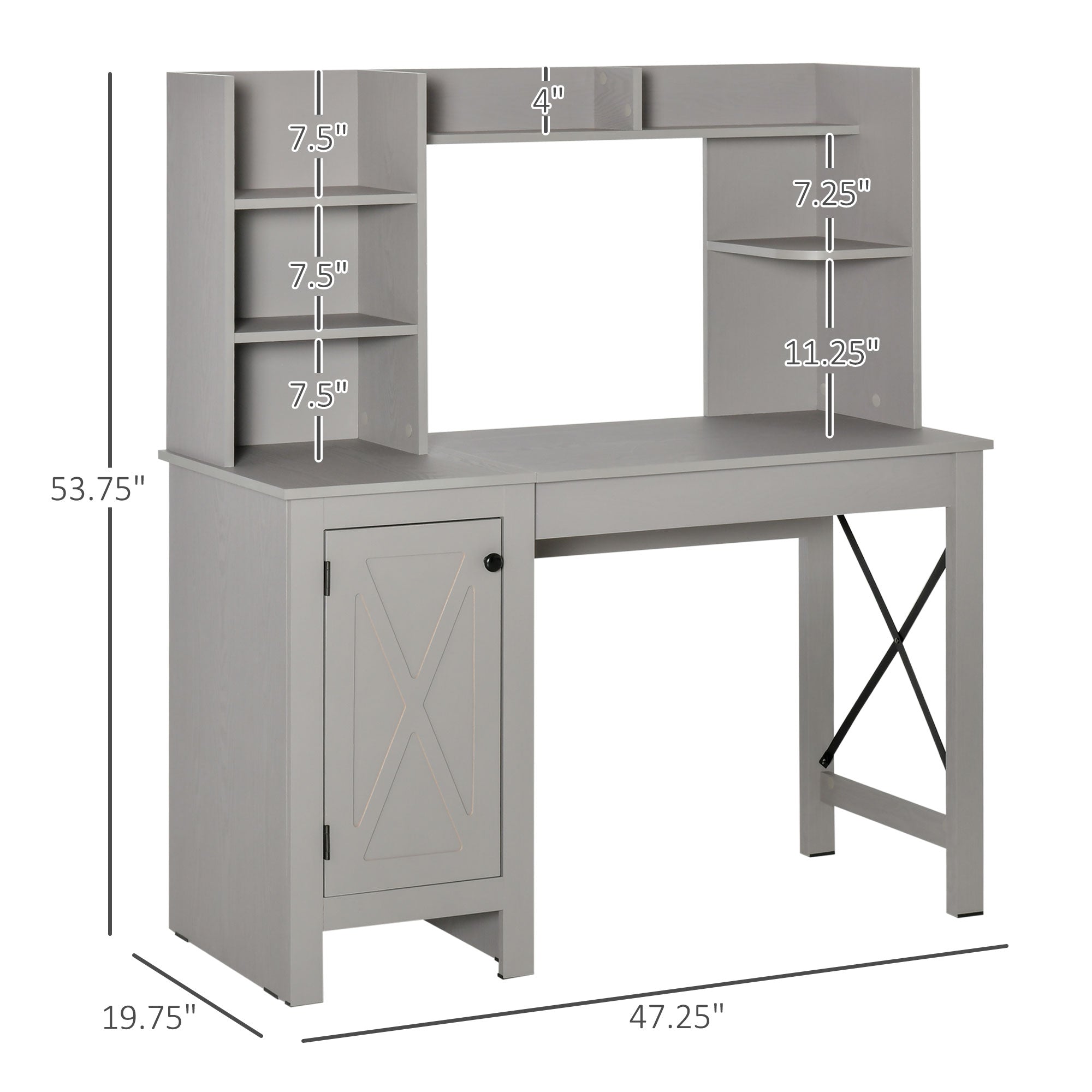 Computer Desk W/ Hutch, Home Office Desk W/ Storage Cabinet, Light Grey