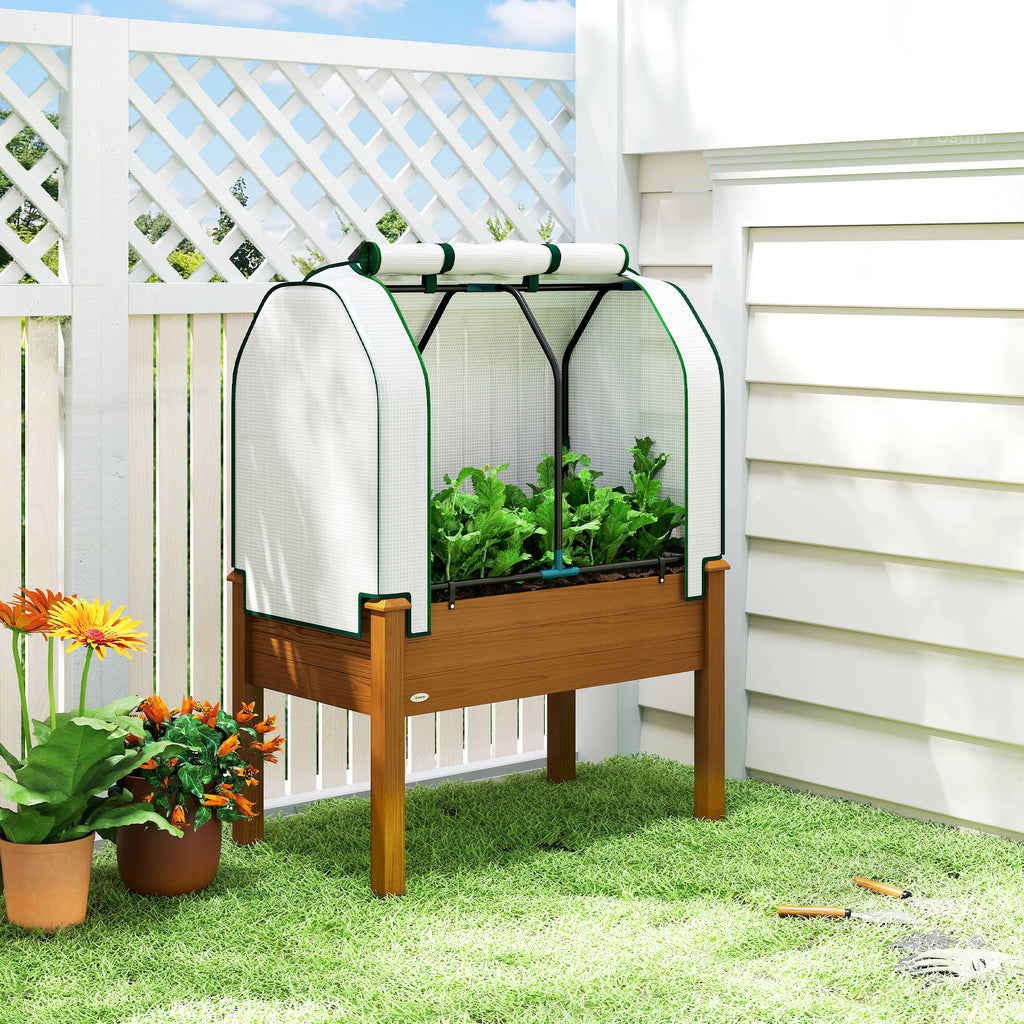 Raised Garden Bed with PE Greenhouse Cover Outdoor Planter Box for Herbs and Vegetables, 35 x 22 x 47 inch, Brown