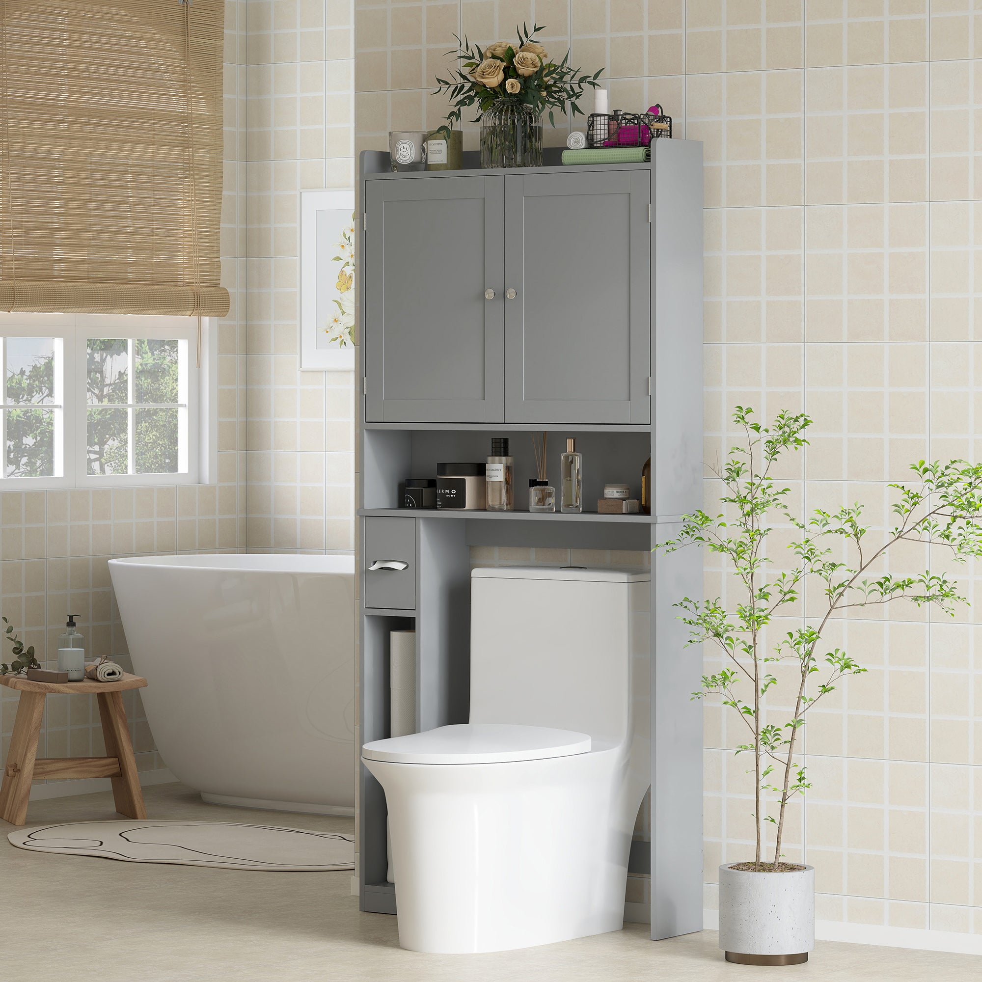 Modern Over the Toilet Storage Cabinet with 2 Doors, Above Commode Storage Cabinet with Toilet Paper Holder, Gray