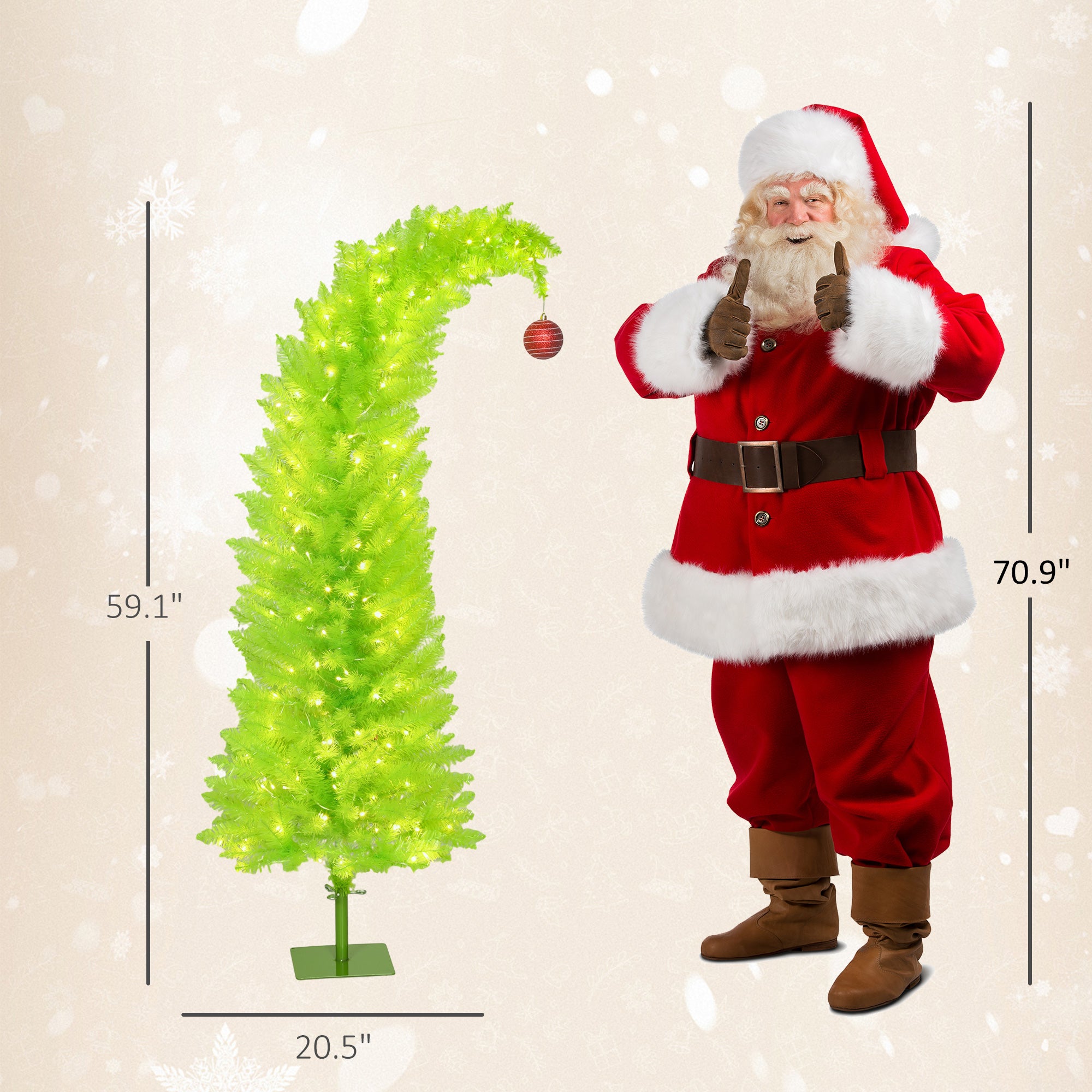 5 ft Whimsical Christmas Tree, Pencil Xmas Tree with Red Ball, Metal Base, Prelit with 200 LED Lights