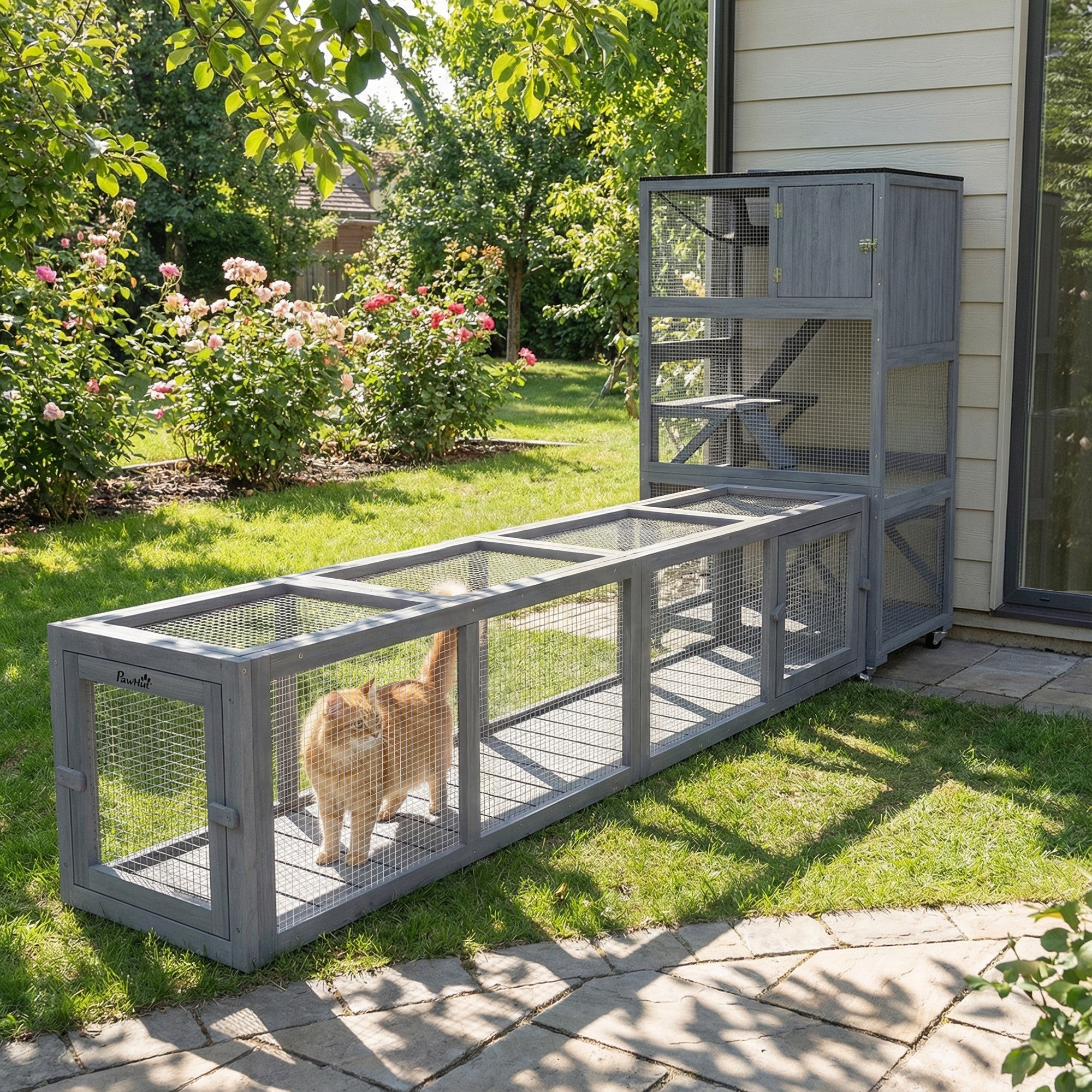 Wooden Cat Run with Weather Protection, Connecting Inside and Outside, 79"L x 15"W x 15"H, Dark Gray