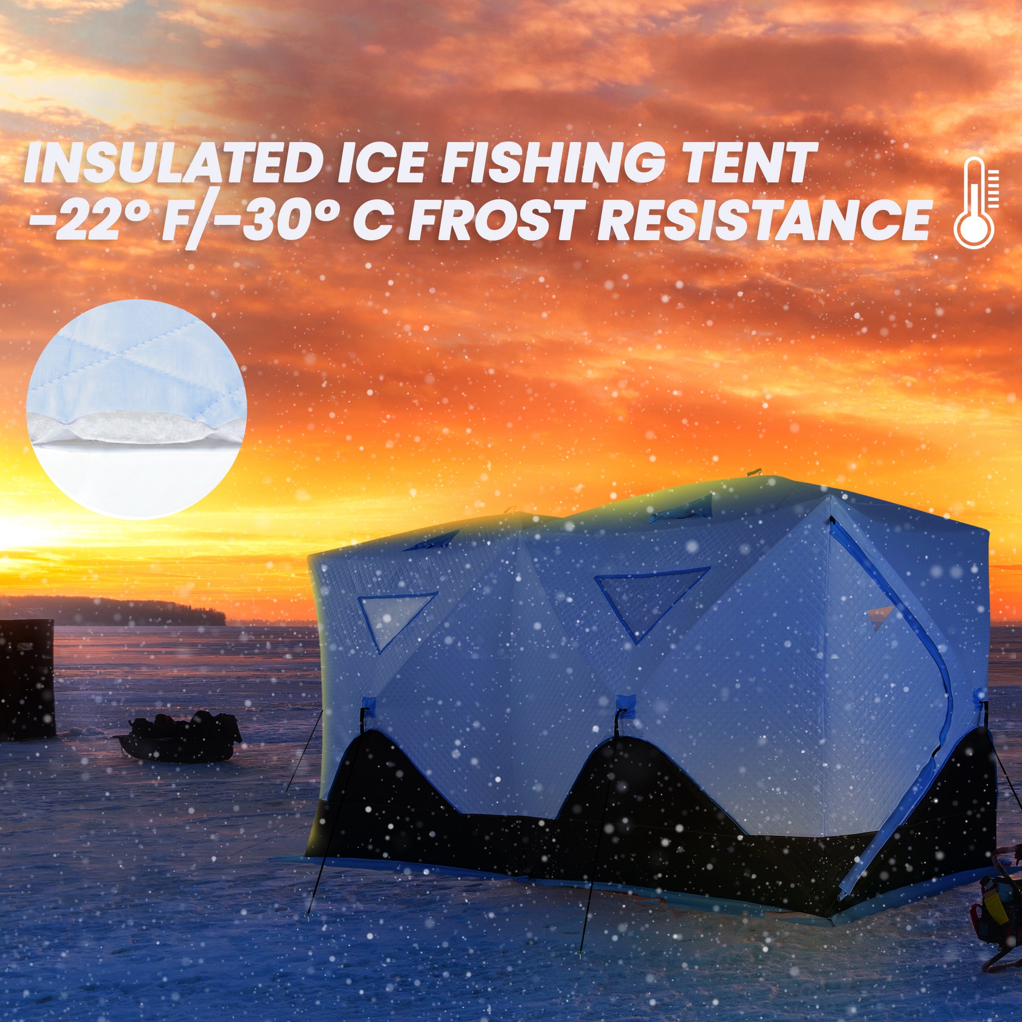 8 Person Ice Fishing Shelter, Pop-Up Ice Shanty Tent, Insulated Portable Tent with 2 Doors & Carrying Bag, Light Blue