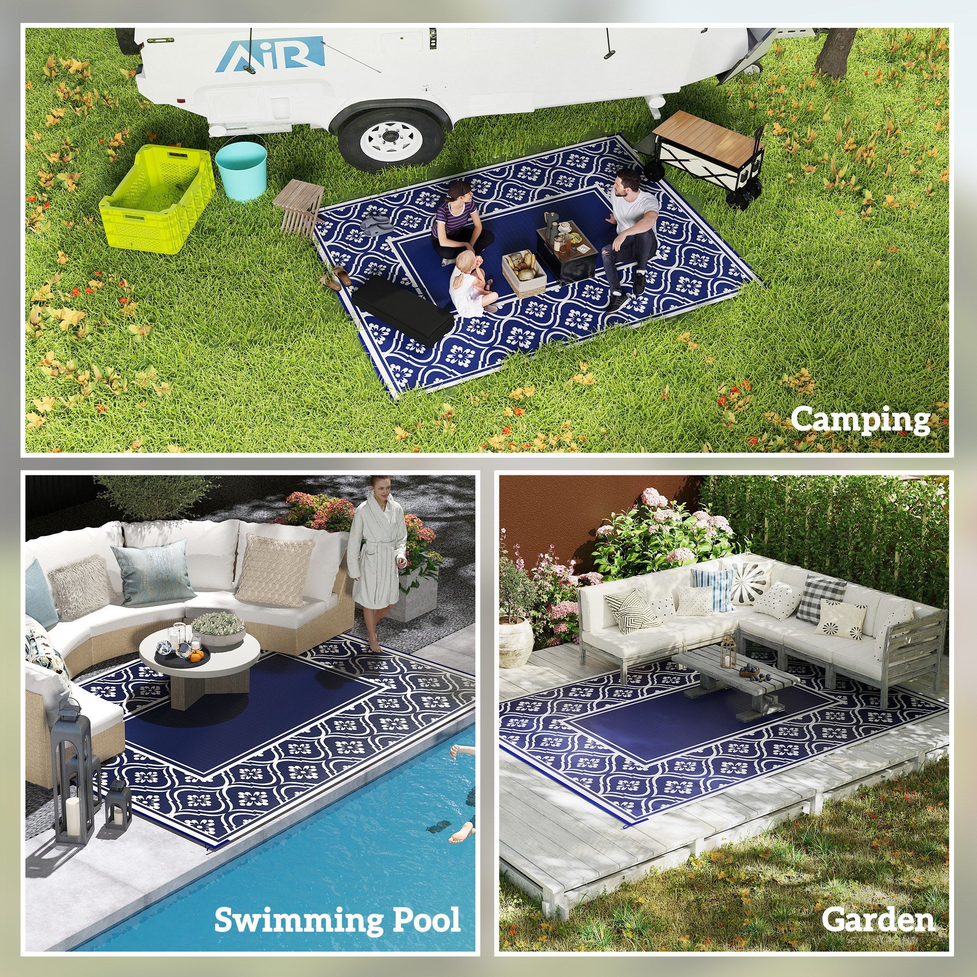 Reversible Outdoor Rug, Waterproof Plastic Straw with Carry Bag, 9' x 12', Blue & White Gourd Border