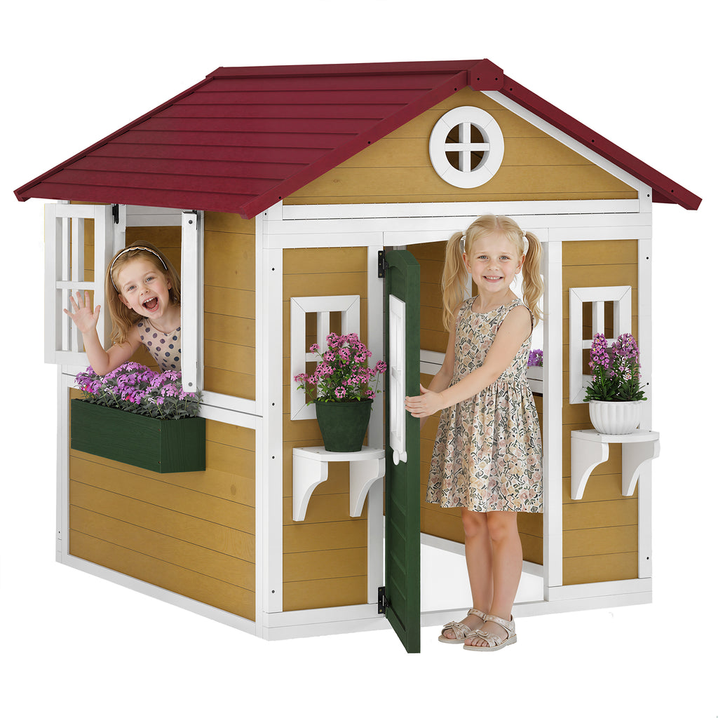 Wooden Playhouse for Kids Outdoor with Doors, Windows, Planter Pots and Boxes for Toddlers 3-8 Years, Beige