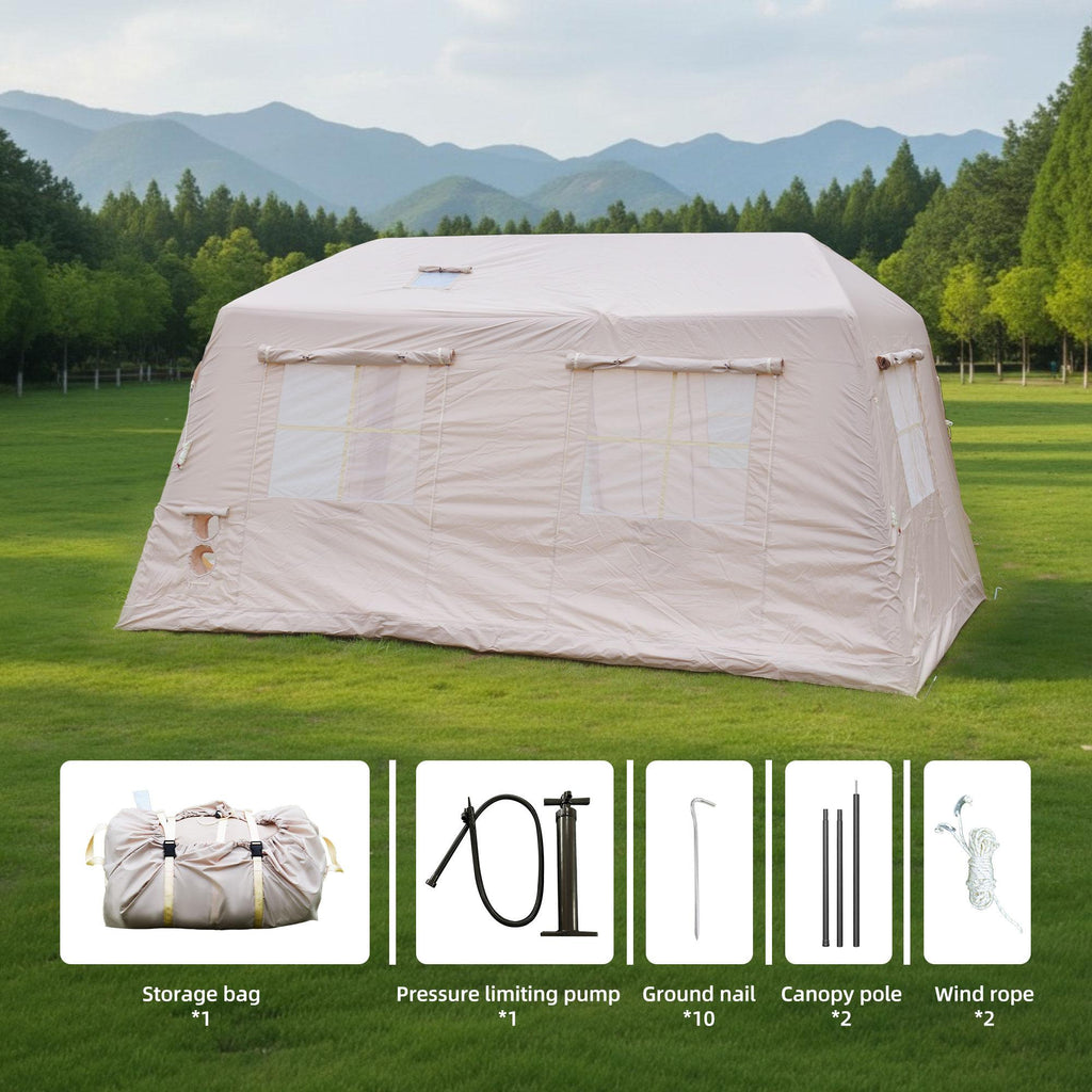 Modern Camping Tent with Quick-Inflate 2-Room Design, 4-Season Waterproof Family Tent with Hand Pump, 157.5″ L x 108″ W x 78.5″ H, Beige