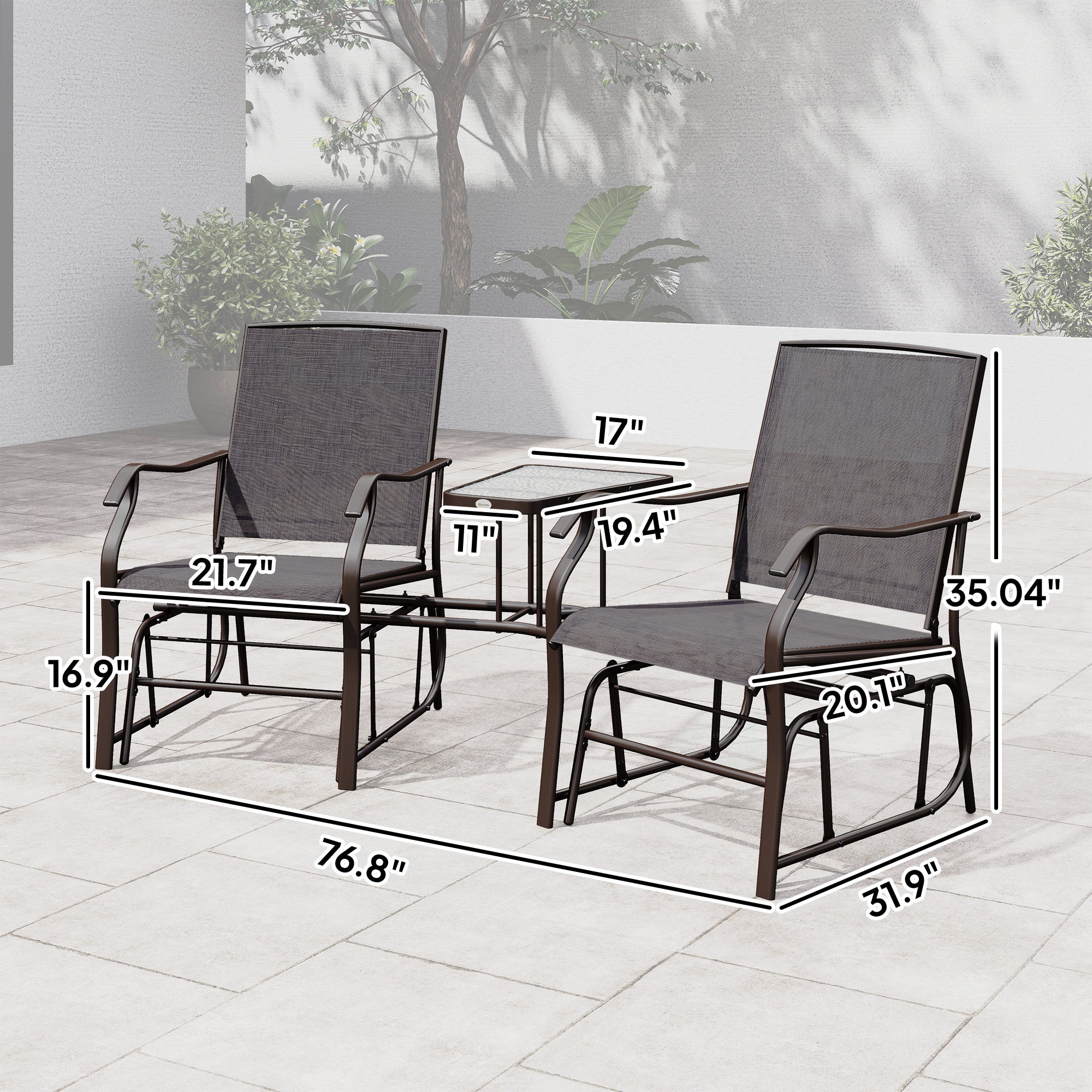 Outdoor Glider Chairs with Coffee Table, Patio 2-Seat Rocking Chair Swing Loveseat with Breathable Sling for Backyard, Garden, and Porch, Gray