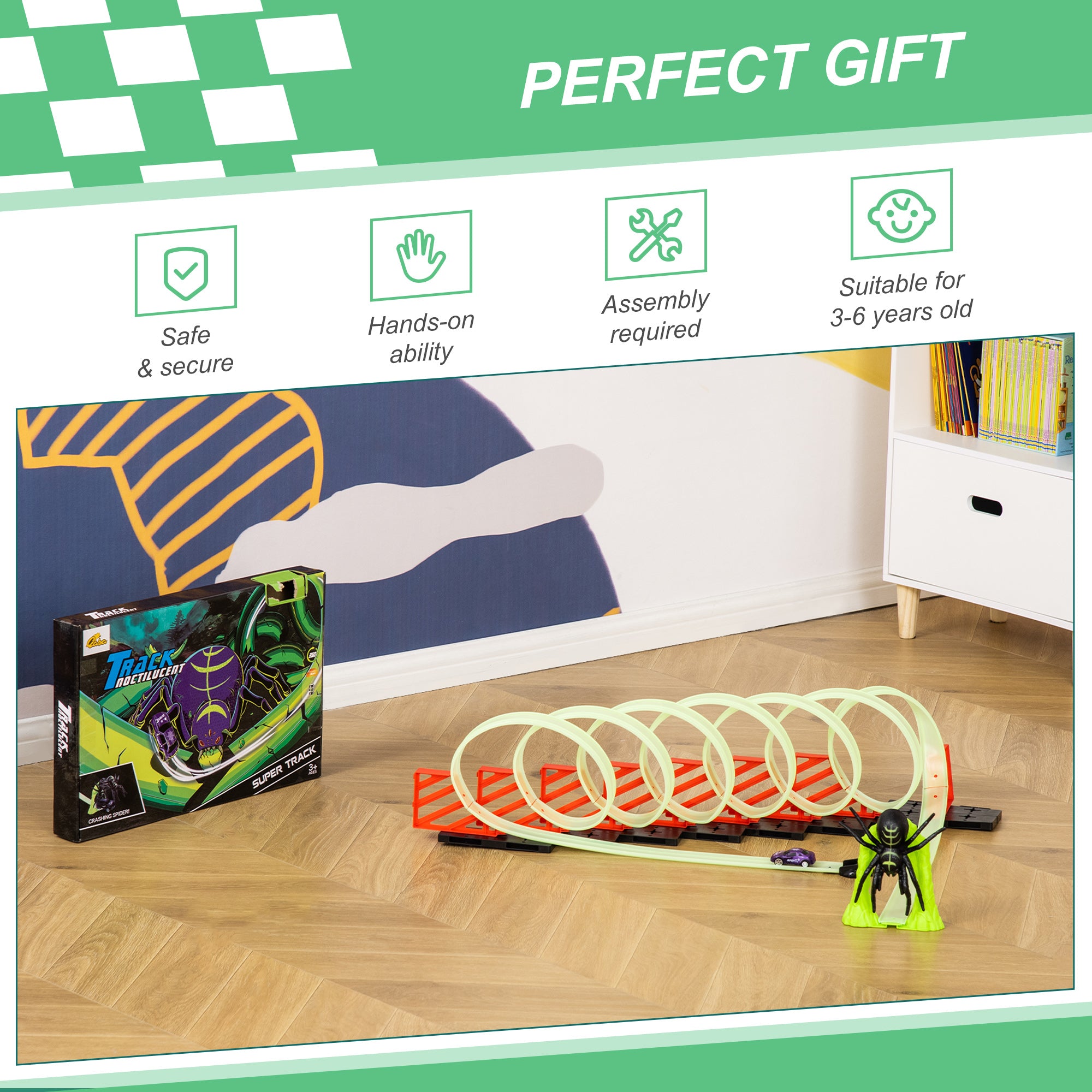 Track Builder Loop Kit Criss-Cross Glowing Race Track Toy Set Spooky Spider Fun Starter Kit, for Kids 3-6, Lime Green