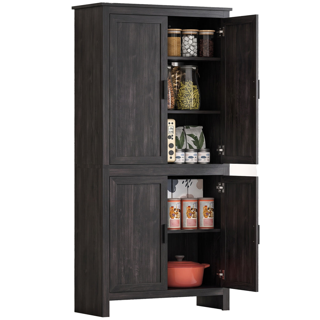 64" 4-Door Kitchen Pantry, Freestanding Storage Cabinet with 3 Adjustable Shelves for Kitchen, Gray Oak