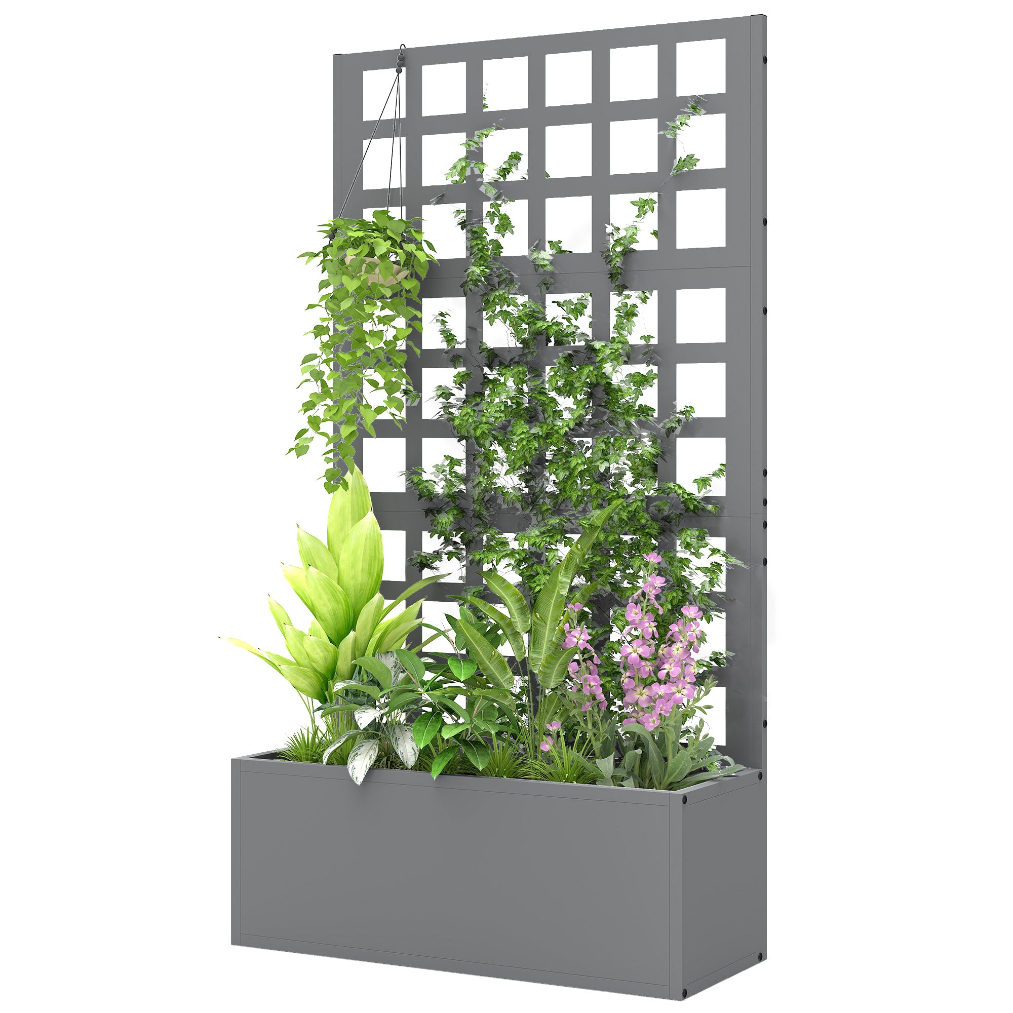 Galvanized Raised Garden Bed Planter Box with Trellis for Climbing Plants, Vegetable, Vines, 24" x 9" x 44.5", Gray
