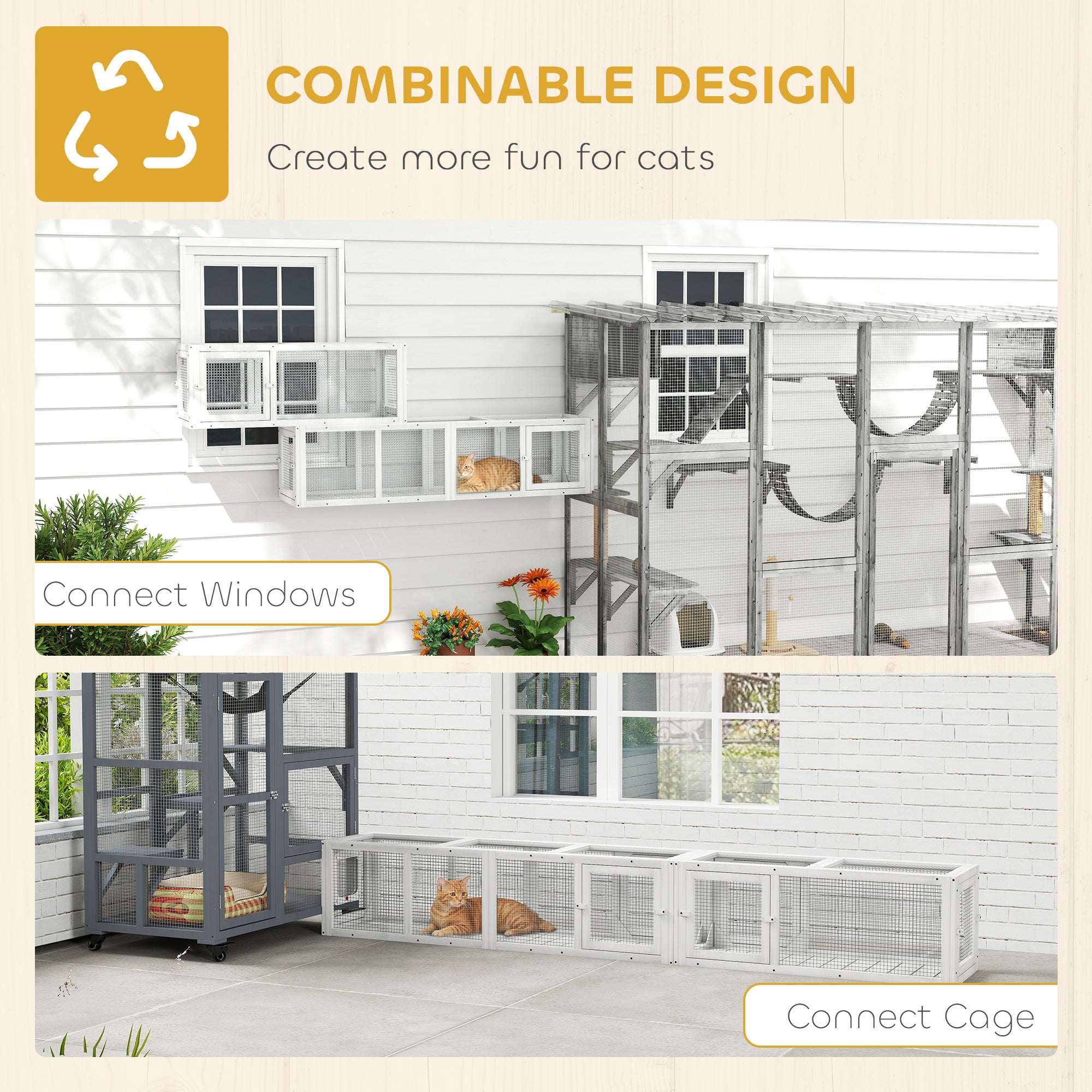 Wooden 98" Cat Tunnel for Outdoor with Combinable Design, 8 Doors, White