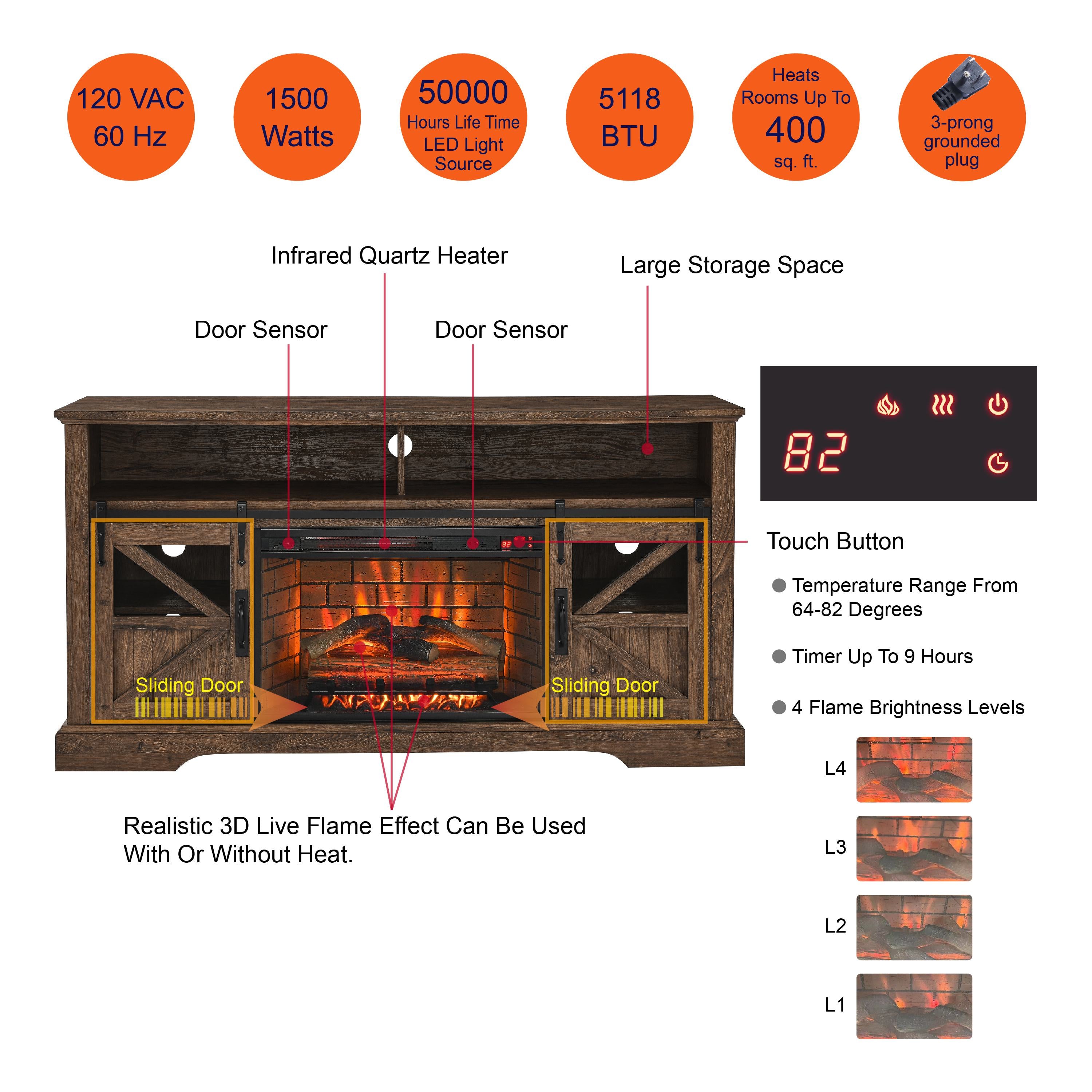 60" Electric Fireplace Entertainment Center with Door Sensor, Adjustable Flame Brightness, Remote Control, 60" L x 16" W x 32" H, Brown