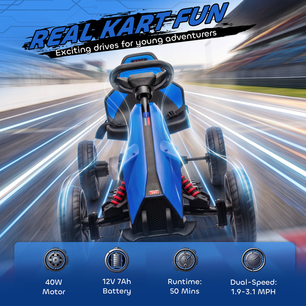 12V Electric Go Kart for Kids, Ride On Toy with EVA Tires, 2 Speeds, Adjustable Seat, Safety Belt for 3-8 Years, Blue