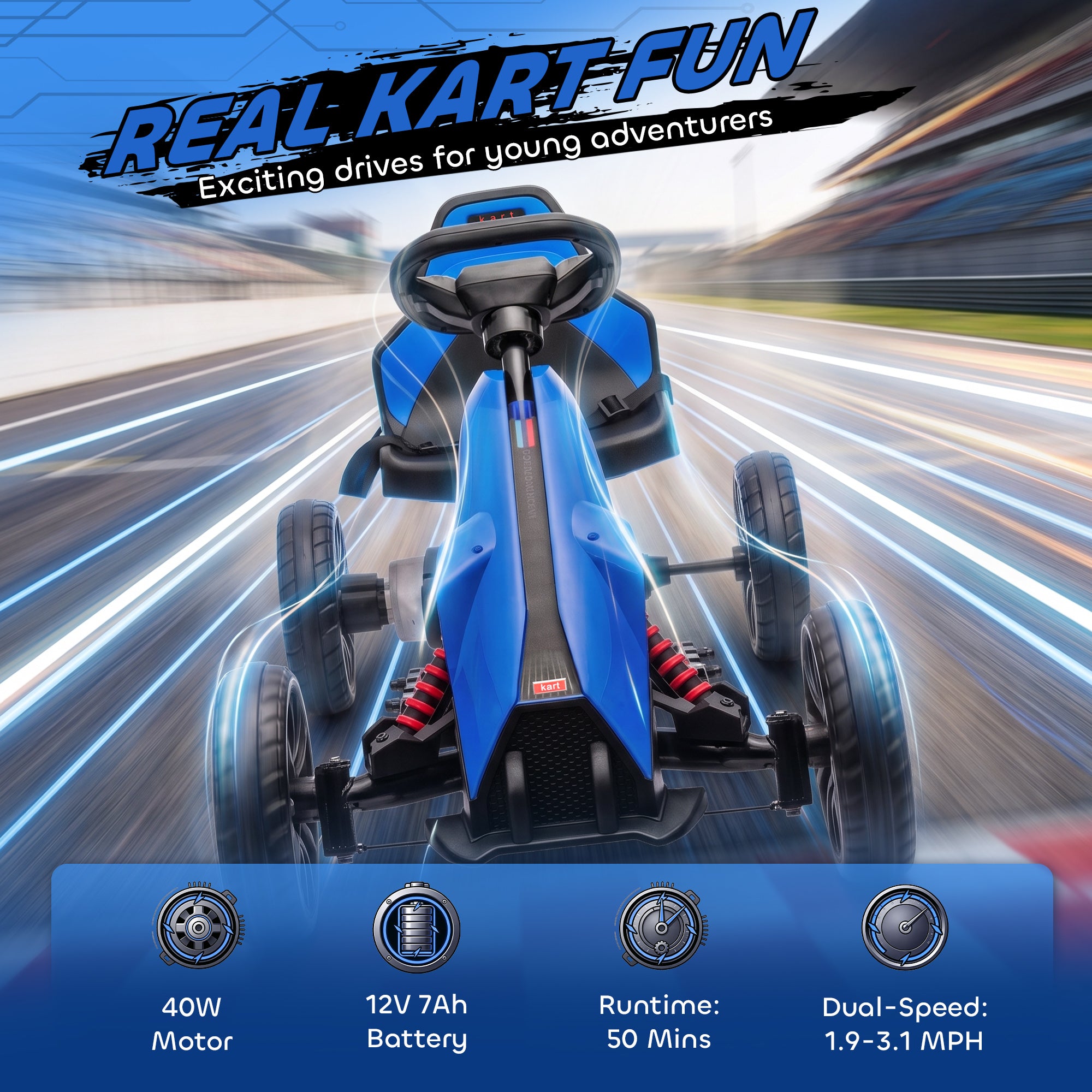 12V Electric Go Kart for Kids, Ride On Toy with EVA Tires, 2 Speeds, Adjustable Seat, Safety Belt for 3-8 Years, Blue
