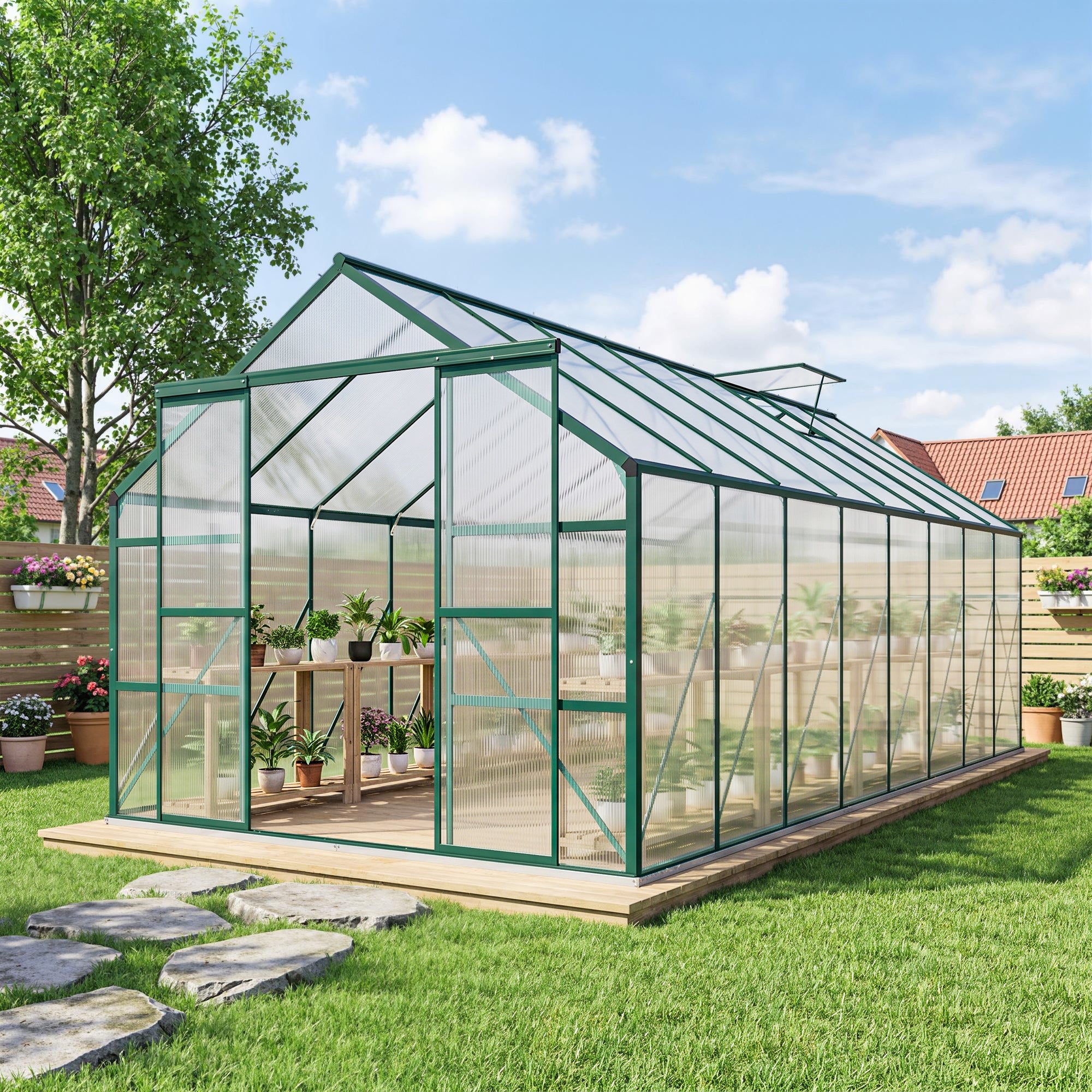 16' x 8' Aluminum Greenhouse Polycarbonate Walk-in Garden Greenhouse Kit with Adjustable Roof Vent, Rain Gutter and Sliding Door for Winter, Clear