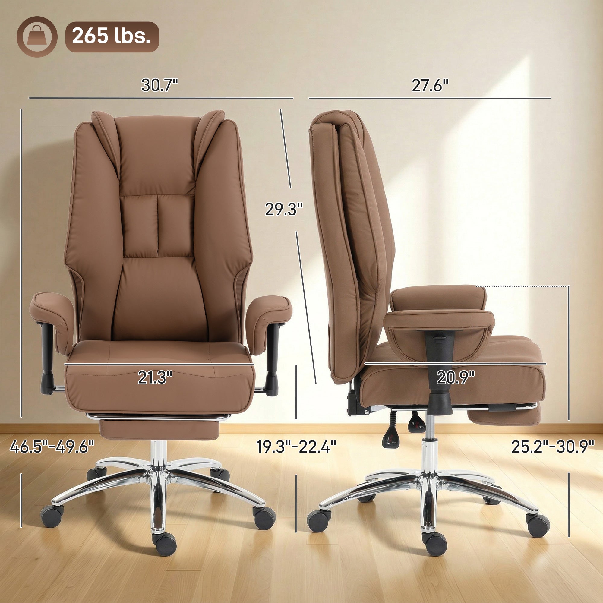 Ergonomic Office Chair, High Back Reclining Desk Chair with Adjustable Armrests, Pet Friendly Faux Leather, Brown