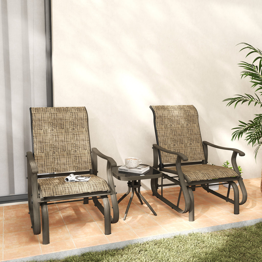3-Piece Outdoor Gliders Set Bistro Set with Steel Frame, Tempered Glass Top Table for Patio, Garden, Light Mixed Brown
