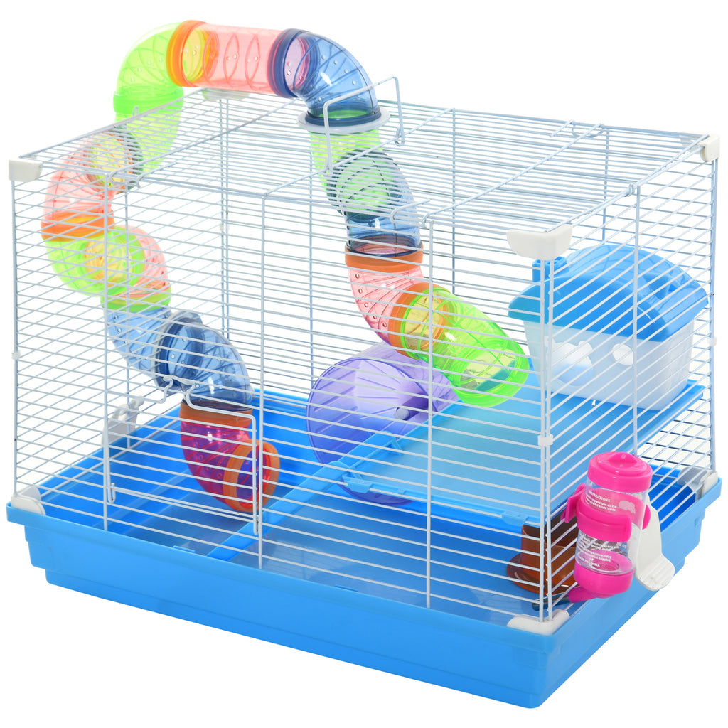 2-Level Hamster Cage Rodent Gerbil House Mouse Mice Rat Habitat Metal Wire with Exercise Wheel, Play Tubes, Water Bottle, Food Dishes, & Interior Ladder