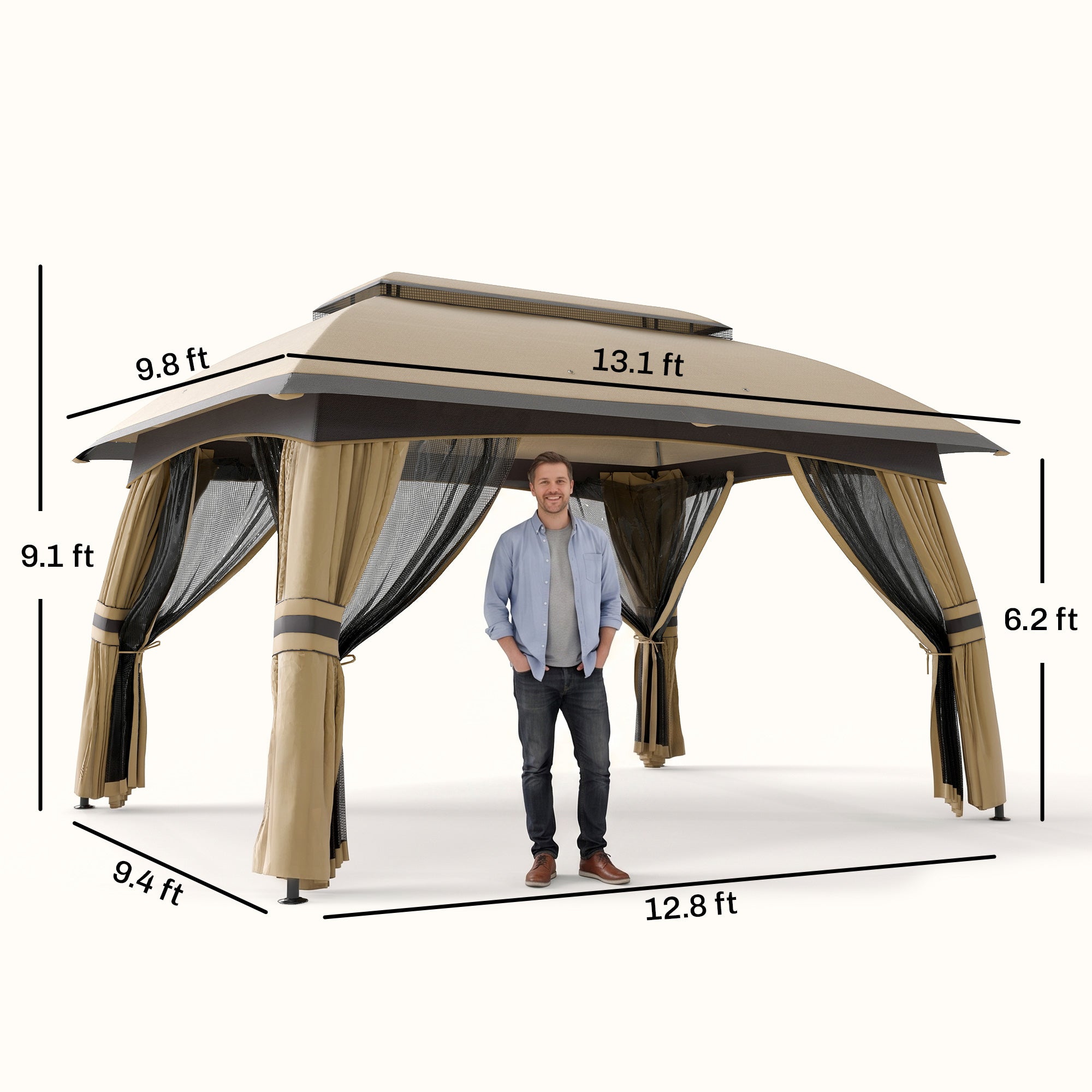 10' x 13' Patio Gazebo, Outdoor Gazebo Canopy Shelter with Netting, Vented Roof for Garden, Beige