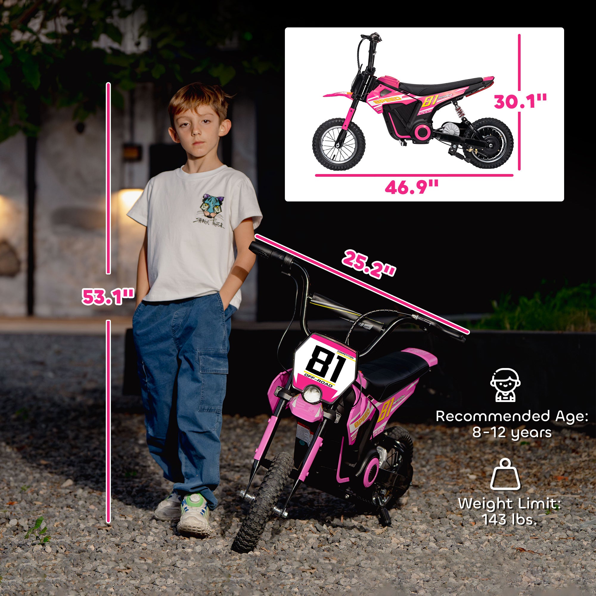 24V Kids Motorcycle, Electric Dirt Bike with 250W Motor, Up to 9.9 MPH, 12" Inflatable Tires and Rear Suspension, Pink
