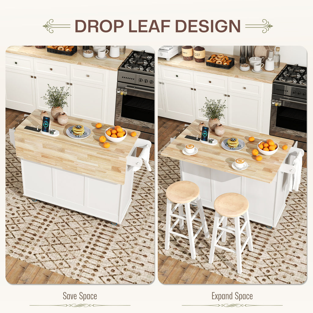 Kitchen Island on Wheels with Drop Leaf, Charging Station, Rolling Kitchen Cart with Wood Top, Adjustable Shelf, White