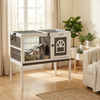 Wood Rabbit Hutch, Elevated Guinea Pig Cage with Run, Coffee