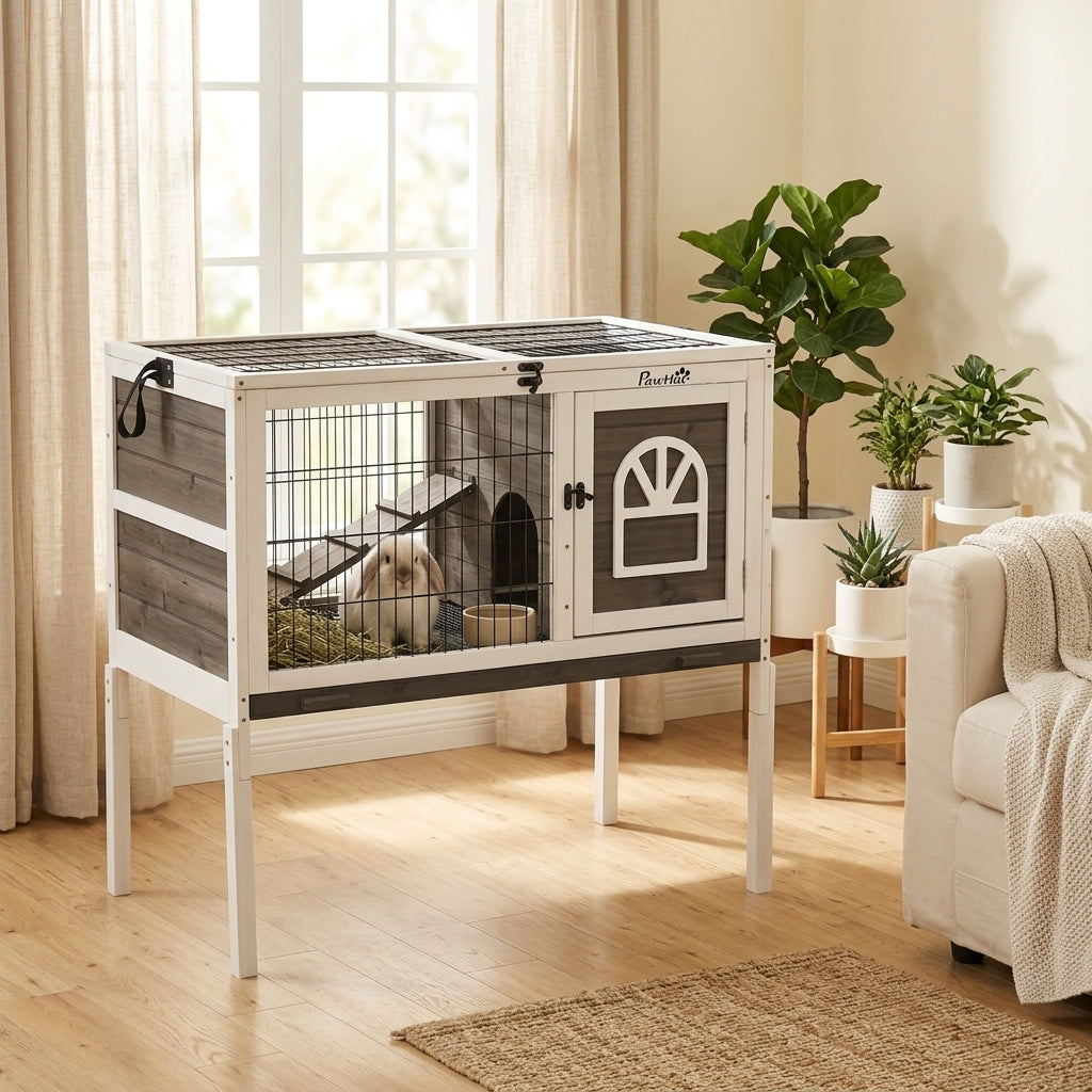 Wood Rabbit Hutch, Elevated Guinea Pig Cage with Run, Coffee