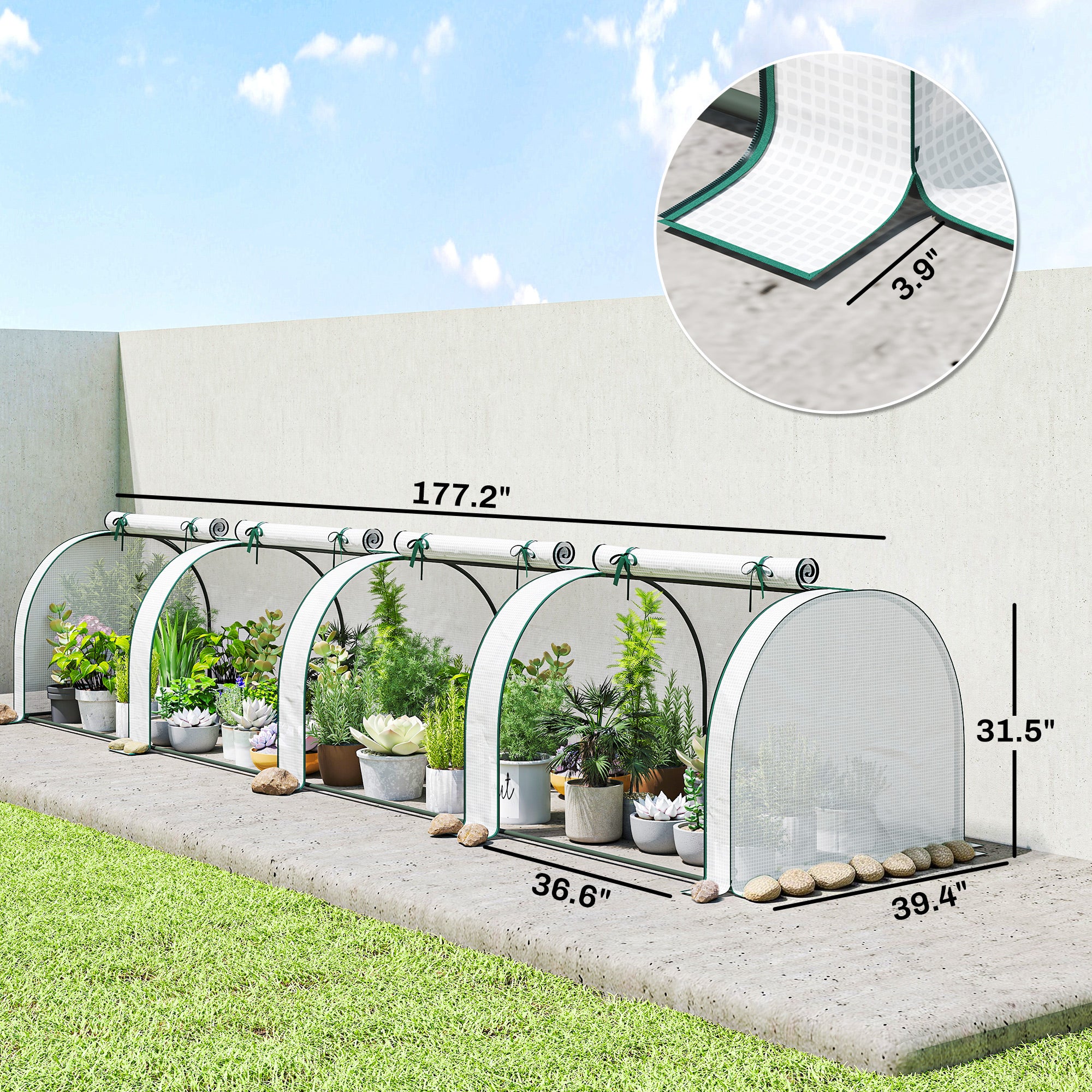 Mini Greenhouse, Portable Greenhouse with 4 Roll-Up Doors, PE Cover, 177.2" x 39.4" x 31.5", White